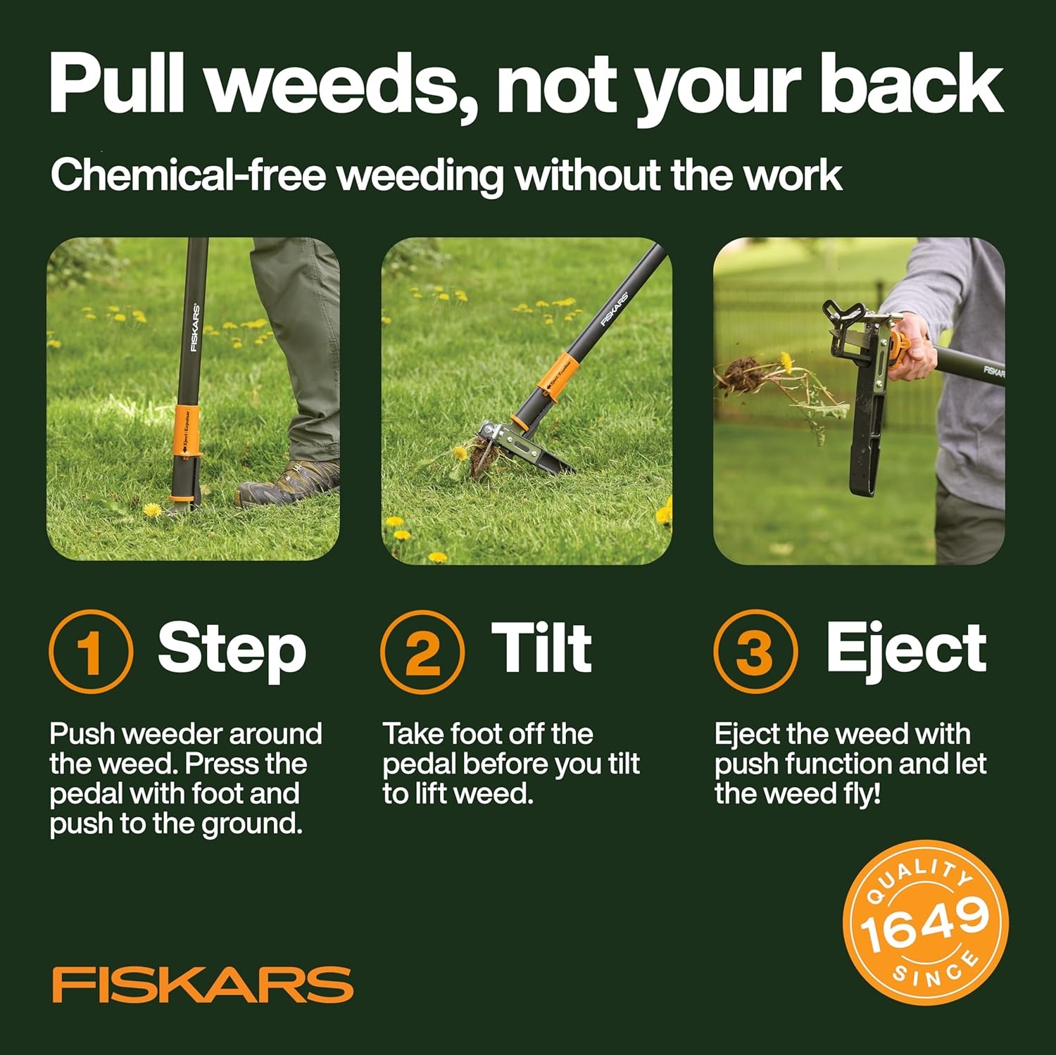 Fiskars Stand-Up Weed Puller Tool, 4 Serrated Stainless Steel Claws Grip Roots for Permanent Removal, Reinforced Foot Platform Penetrates Tough Soil, Easy-Eject & Ergonomic Offset Handle, 39″(3-claw)