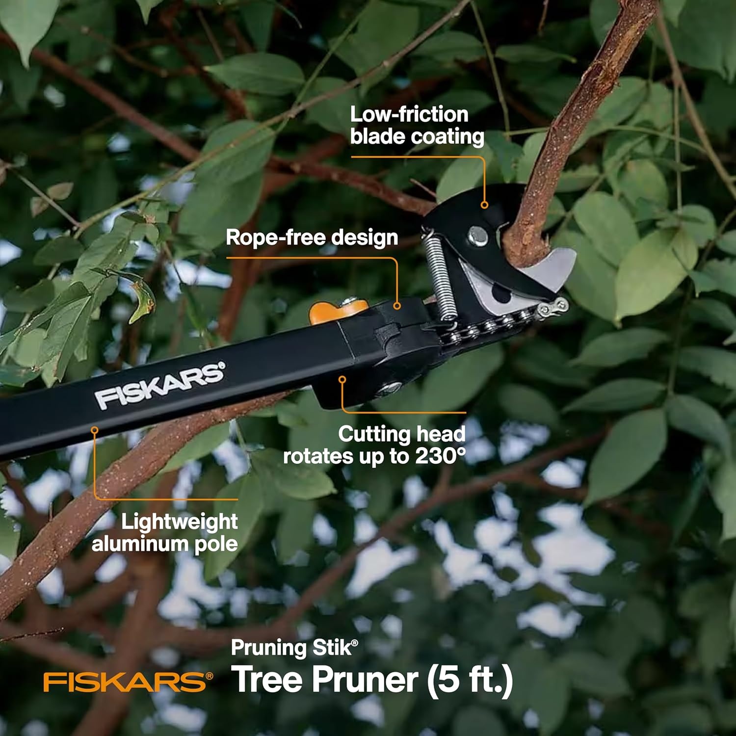 Fiskars 7ft-14ft Power-Lever Extendable Pole Saw and Tree Pruner, Lawn and Garden Tools, Black/Orange(5 ft Rope-Free Pruner)