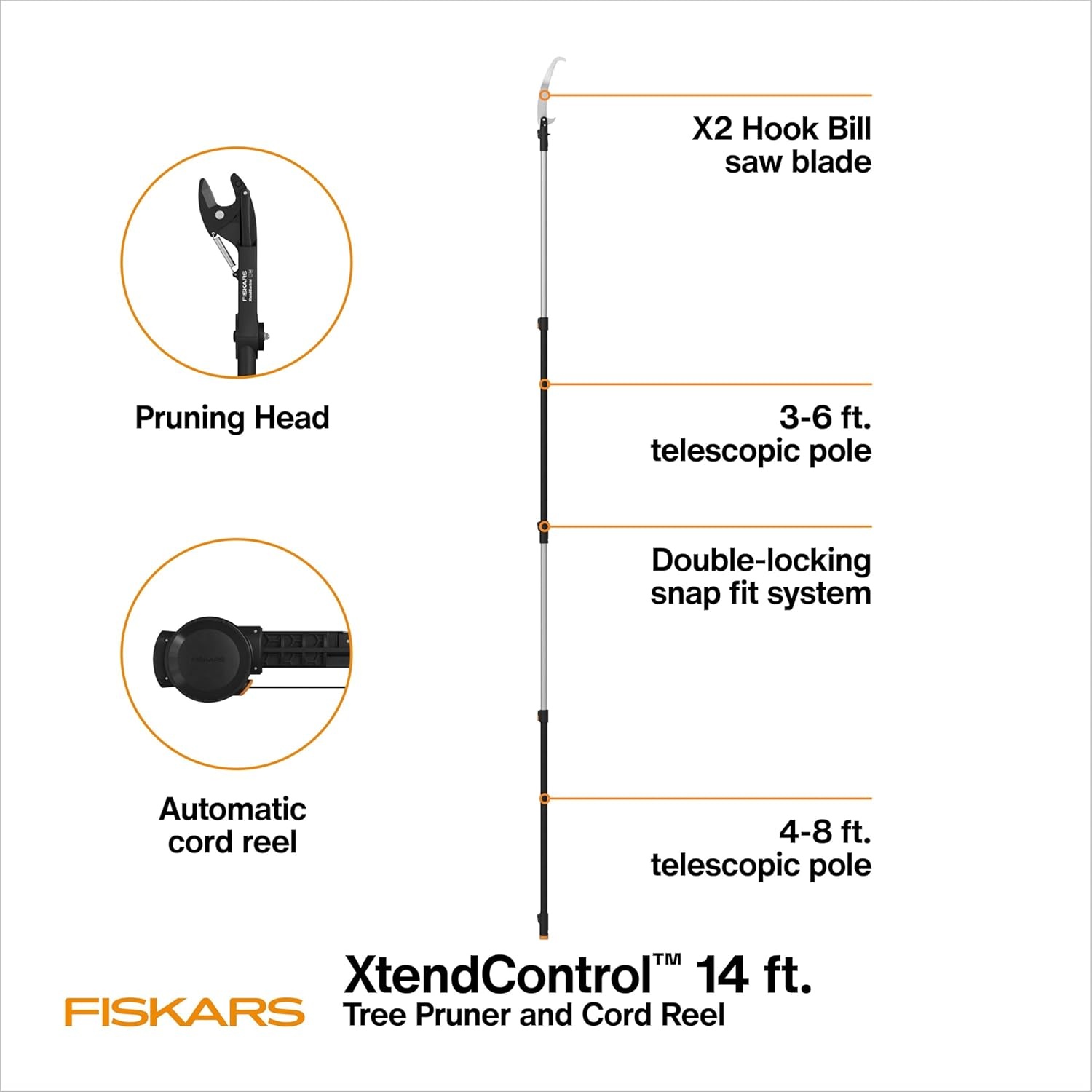 Fiskars XtendControl 12′ Tree Pruner with 15″ X1 Triple-Grind Saw, Two 3-6 Ft Extension Poles for Overhead Branch Trimming, Lightweight Aluminum Pole Saw with Secure Double-Locking System, Orange(14′ Pruner Saw Kit)