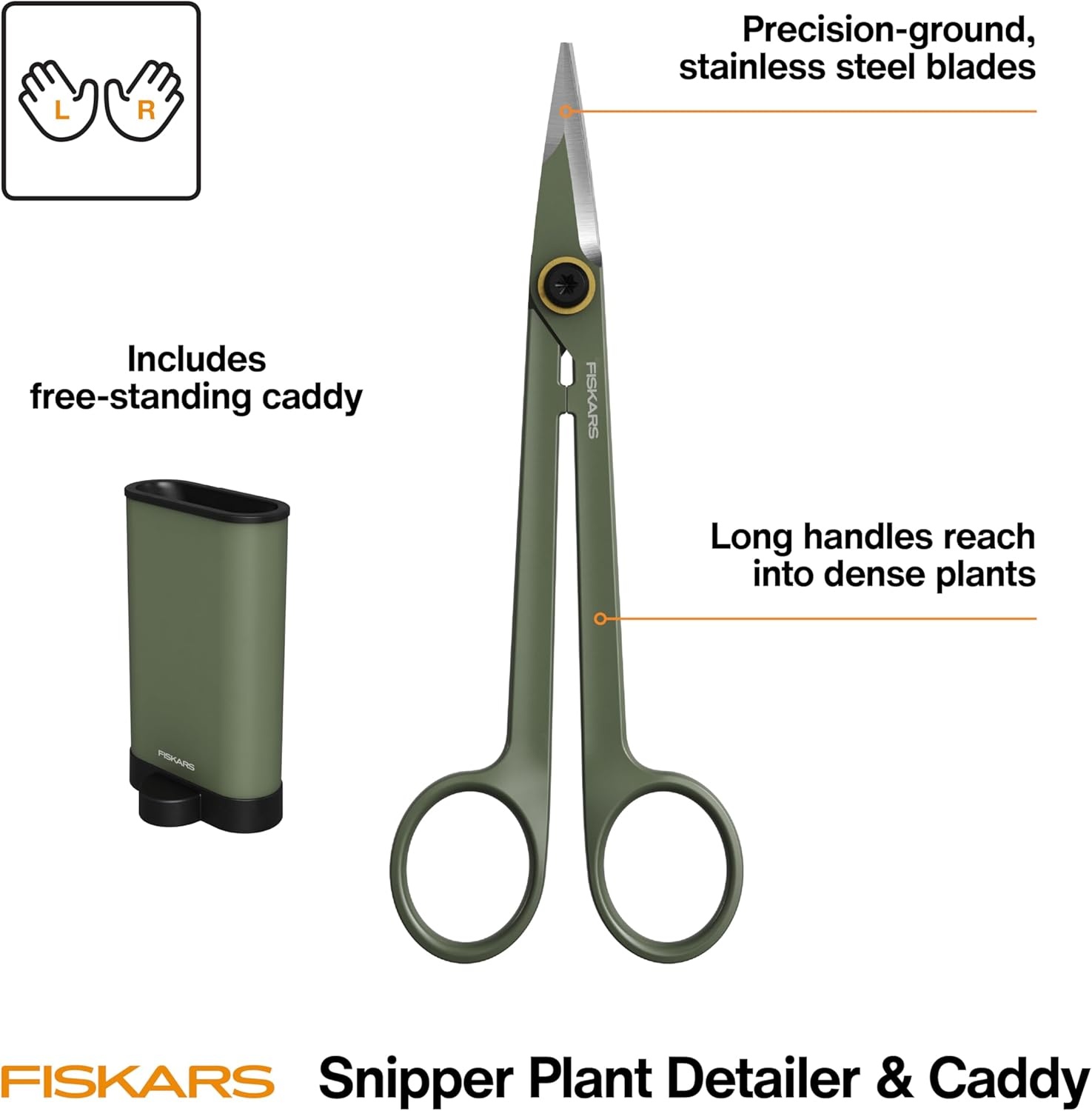 Fiskars Plant Shaping Shears & Holder, Precision Indoor Gardening Snips with Storage Caddy, Forged Stainless Steel Blades for Clean Cuts on Broad Leaves, Ambidextrous Handles & Stem Stripper, 6″(Detail Snipper)