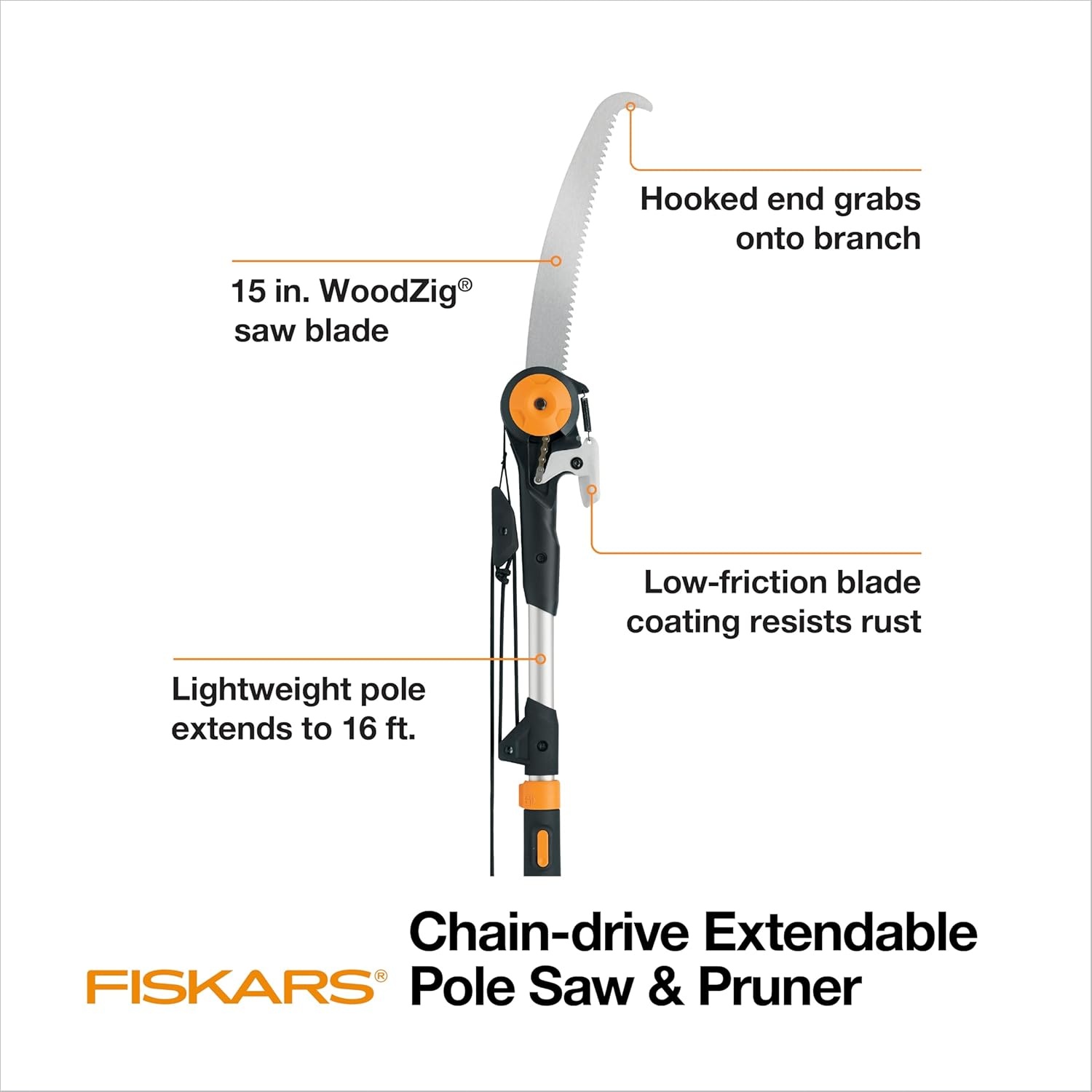 Fiskars 7–13 ft Extendable Tree Pruner, Telescoping Pole Pruner with 2 Cutting Modes for Fast & Powerful Cuts, Long Reach Tree Trimmer for High Branches & Tall Trees, Rotating Head, Garden & Yard Care(7-16 ft Chain Drive Saw & Pruner)