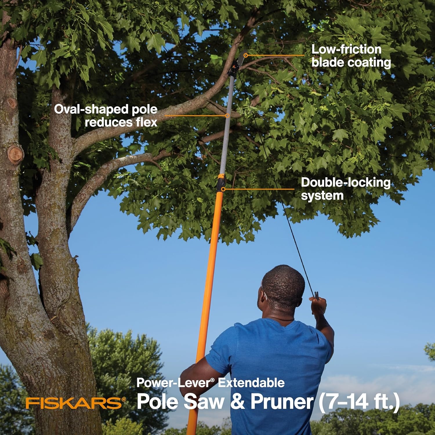 Fiskars 7ft-14ft Power-Lever Extendable Pole Saw and Tree Pruner, Lawn and Garden Tools, Black/Orange(Pole Saw & Pruner Power Lever)