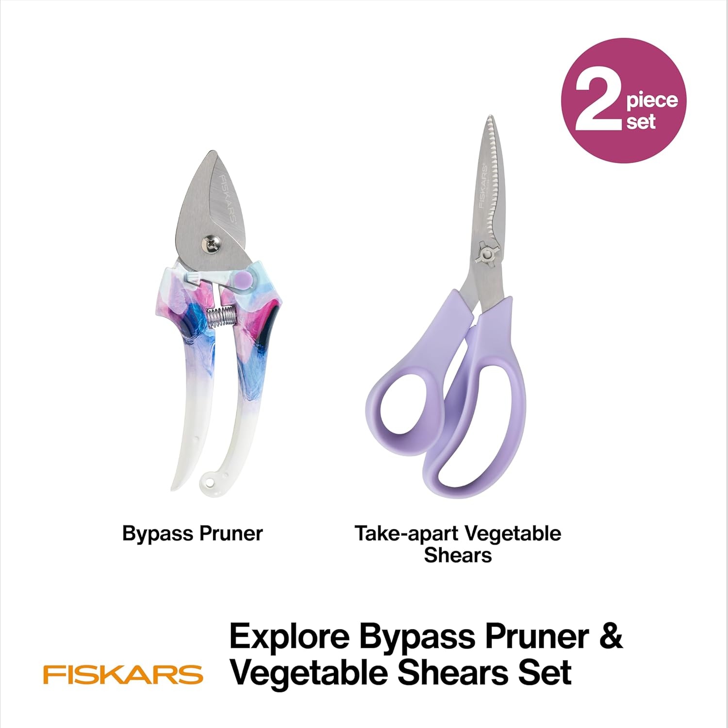 Fiskars 2-Piece Pruning & Veggie Shears Set, Explore Collection Garden Tool Kit, Bypass Pruner for Light Trimming, Vegetable Shears with Serrated Stainless Steel Blades for Harvesting Flowers & Herbs(Pruner & Veggie Shears Set)