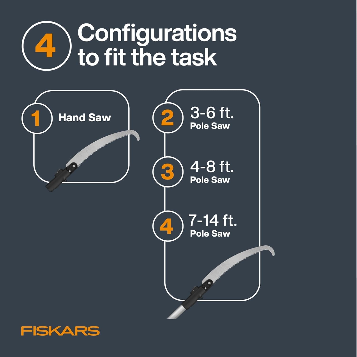 Fiskars XtendControl 12′ Tree Pruner with 15″ X1 Triple-Grind Saw, Two 3-6 Ft Extension Poles for Overhead Branch Trimming, Lightweight Aluminum Pole Saw with Secure Double-Locking System, Orange(14′ X2 Hook Bill Saw)