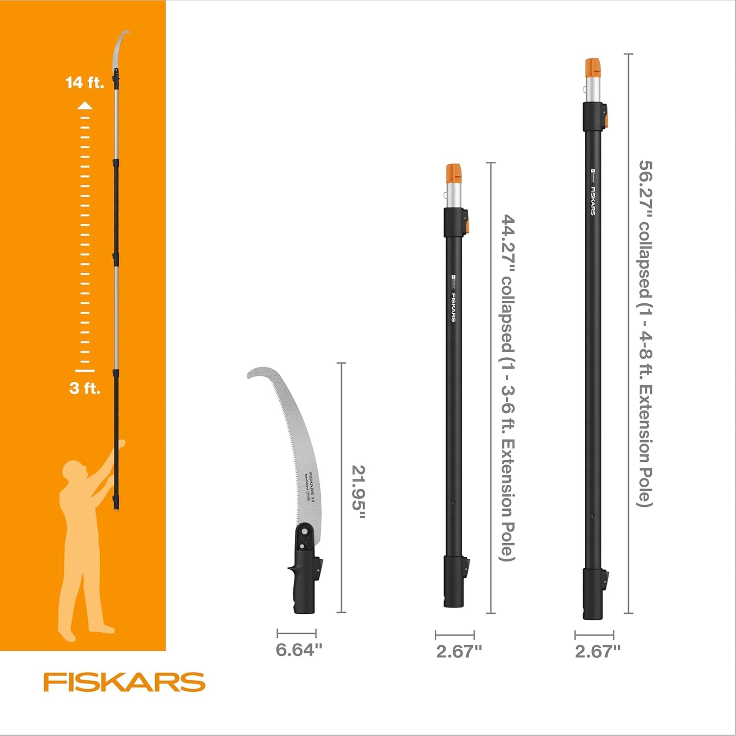 Fiskars XtendControl 12′ Tree Pruner with 15″ X1 Triple-Grind Saw, Two 3-6 Ft Extension Poles for Overhead Branch Trimming, Lightweight Aluminum Pole Saw with Secure Double-Locking System, Orange(14′ X2 Hook Bill Saw)