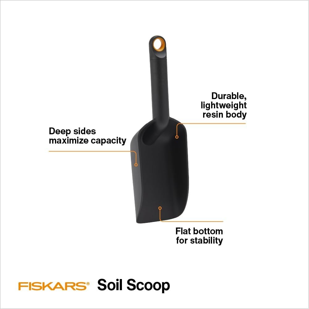 Fiskars Planting Soil Scoop & Brush Set, Dual-Sided Tool for Indoor Digging & Cleanup, Narrow Rigid End & Flexible Dustpan for Potting, Soft Bristles Sweep Debris, Recycled Plastic(Soil Scoop)