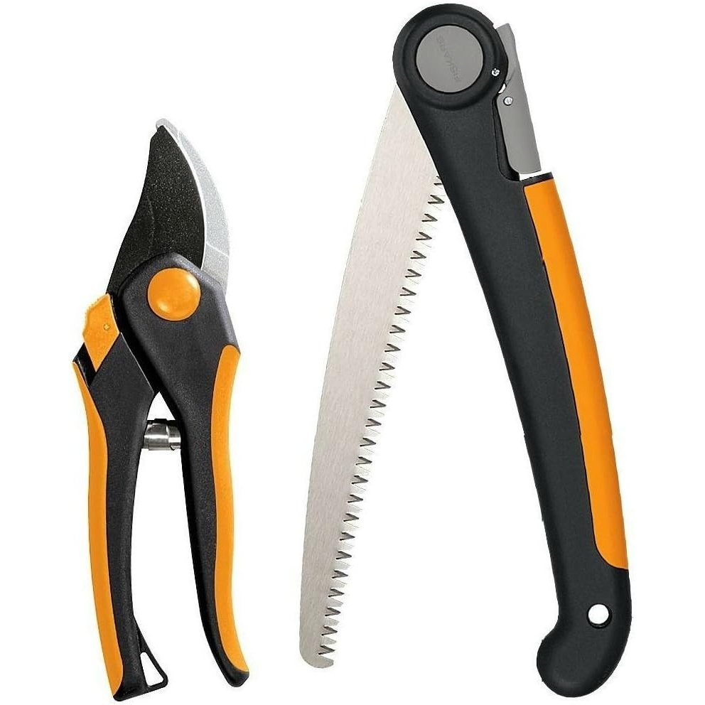 Fiskars 2-Piece Pruning & Veggie Shears Set, Explore Collection Garden Tool Kit, Bypass Pruner for Light Trimming, Vegetable Shears with Serrated Stainless Steel Blades for Harvesting Flowers & Herbs(Folding Saw & Pruner Set)