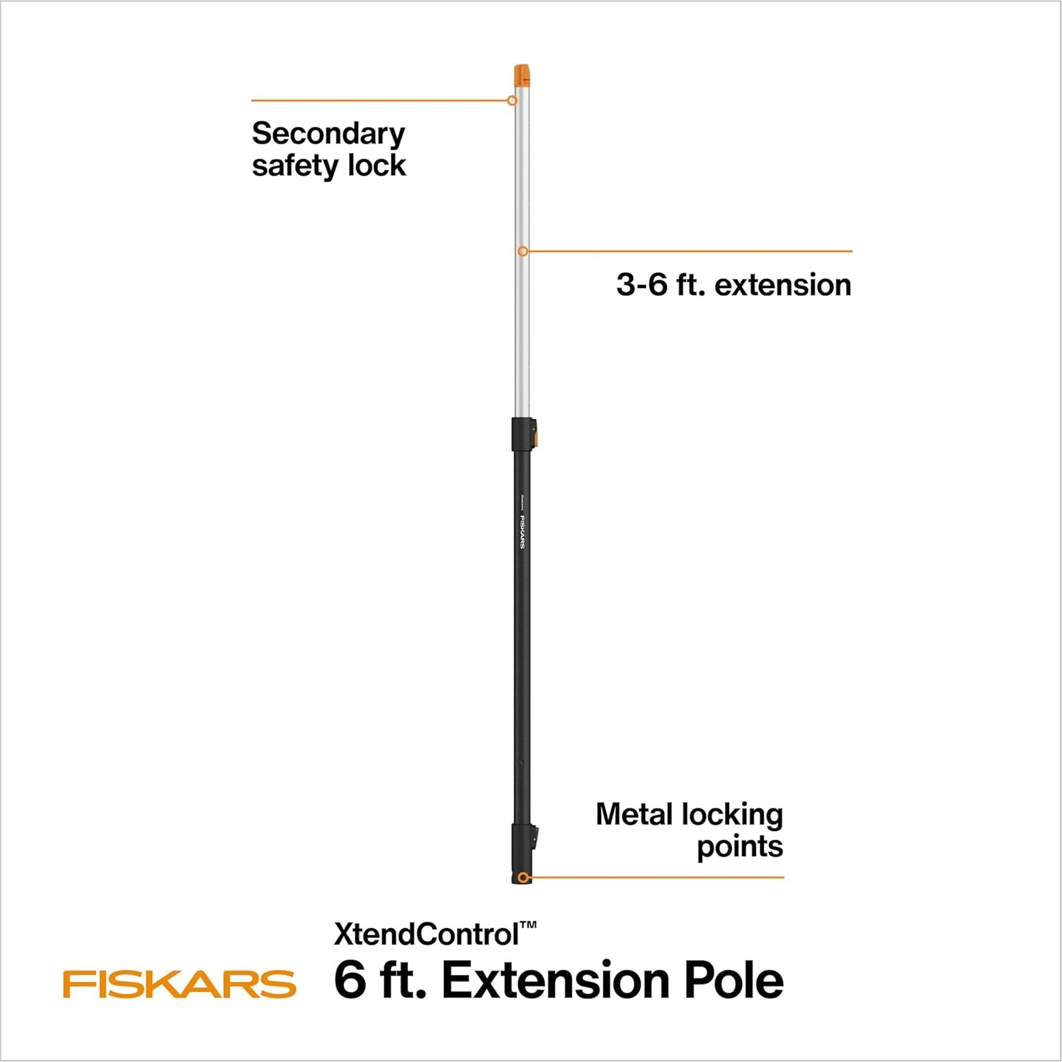 Fiskars XtendControl 3-6 ft Extension Pole, Durable Aluminum Construction, Compatible with XtendControl Snap-Fit Components for Garden & Yard Tools