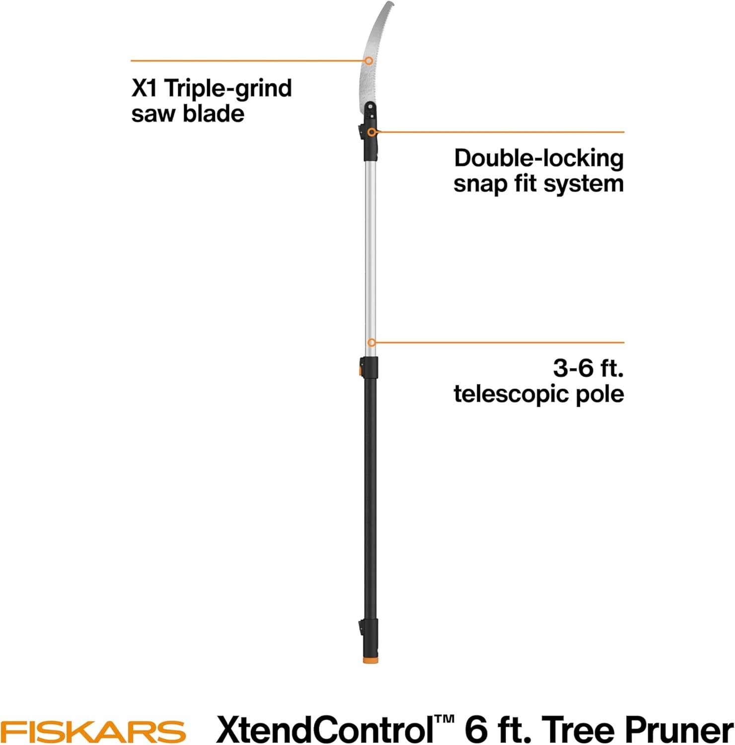 Fiskars XtendControl 12′ Tree Pruner with 15″ X1 Triple-Grind Saw, Two 3-6 Ft Extension Poles for Overhead Branch Trimming, Lightweight Aluminum Pole Saw with Secure Double-Locking System, Orange(6′ X1 Saw)