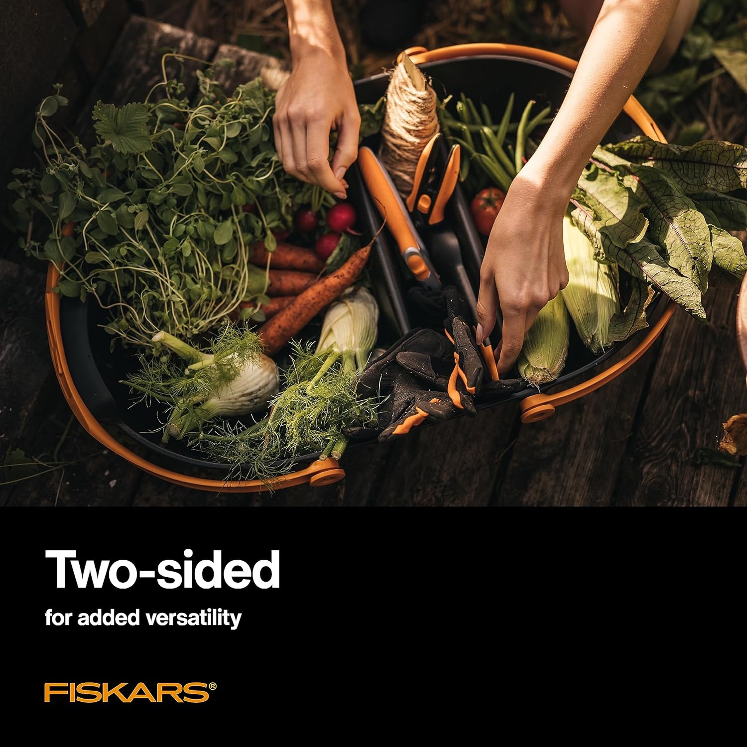 Fiskars Garden Harvest Basket – Container for Gardening and Harvesting with Tool Caddy – Harvesting Basket Doubles as a Colander for Vegetables and Fruits – Garden Accessories