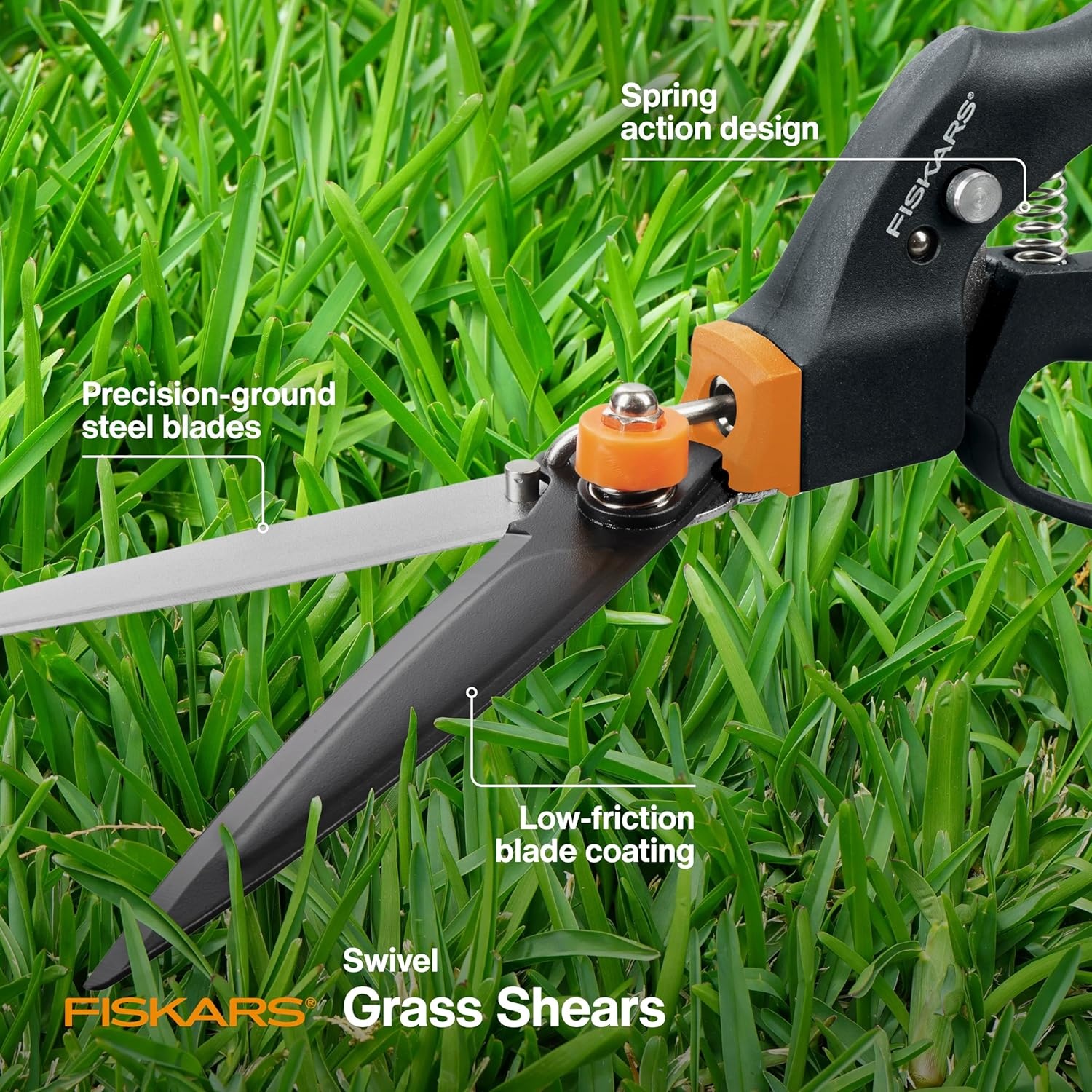 Fiskars Garden Swivel Grass Shears, Rotating Blades for Precise Lawn Edging, Spring-Action Handle, 5″, Black/Orange