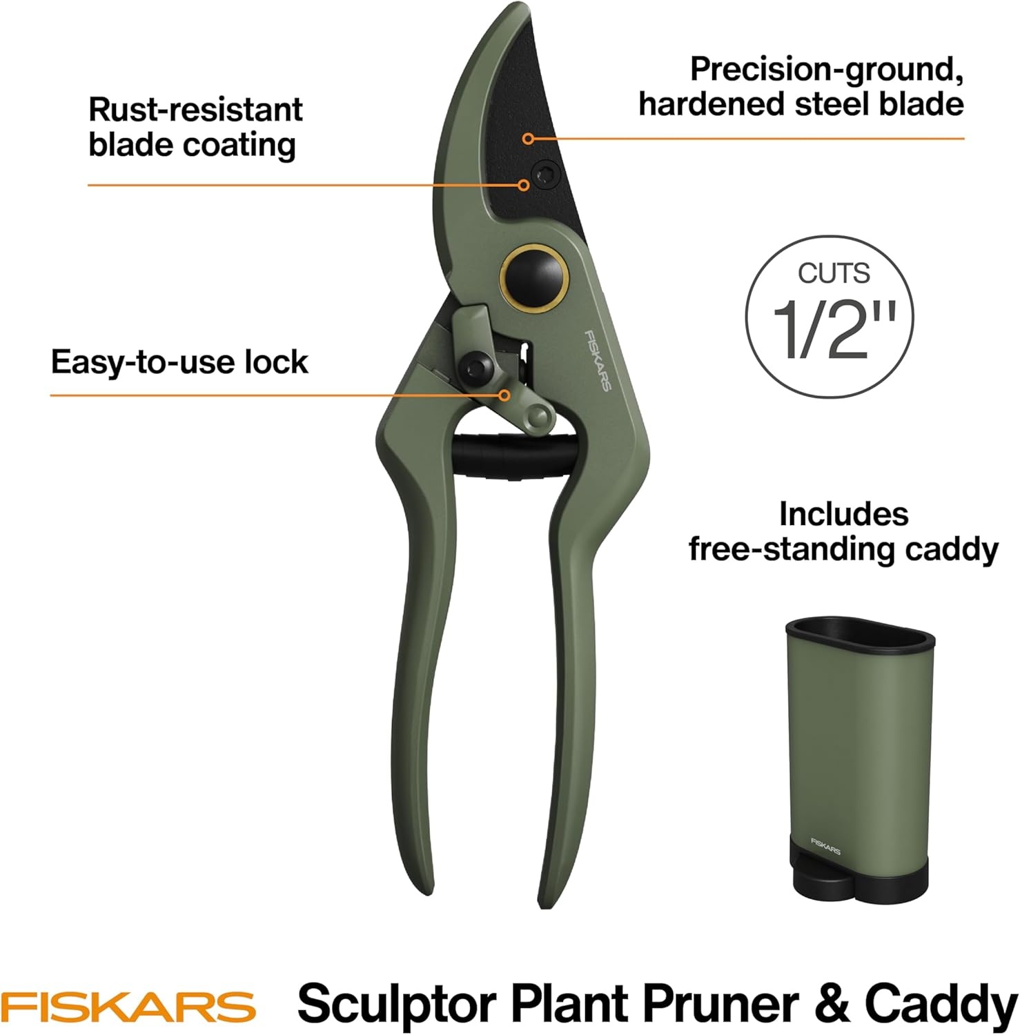 Fiskars Plant Sculpting Pruner & Holder, Precision Bypass Shears for Indoor Gardening & Bonsai, Low-Friction Steel Blades for Clean Cuts on Stems, Ergonomic Handle with Easy Lock, 1/2″ Capacity, 7″