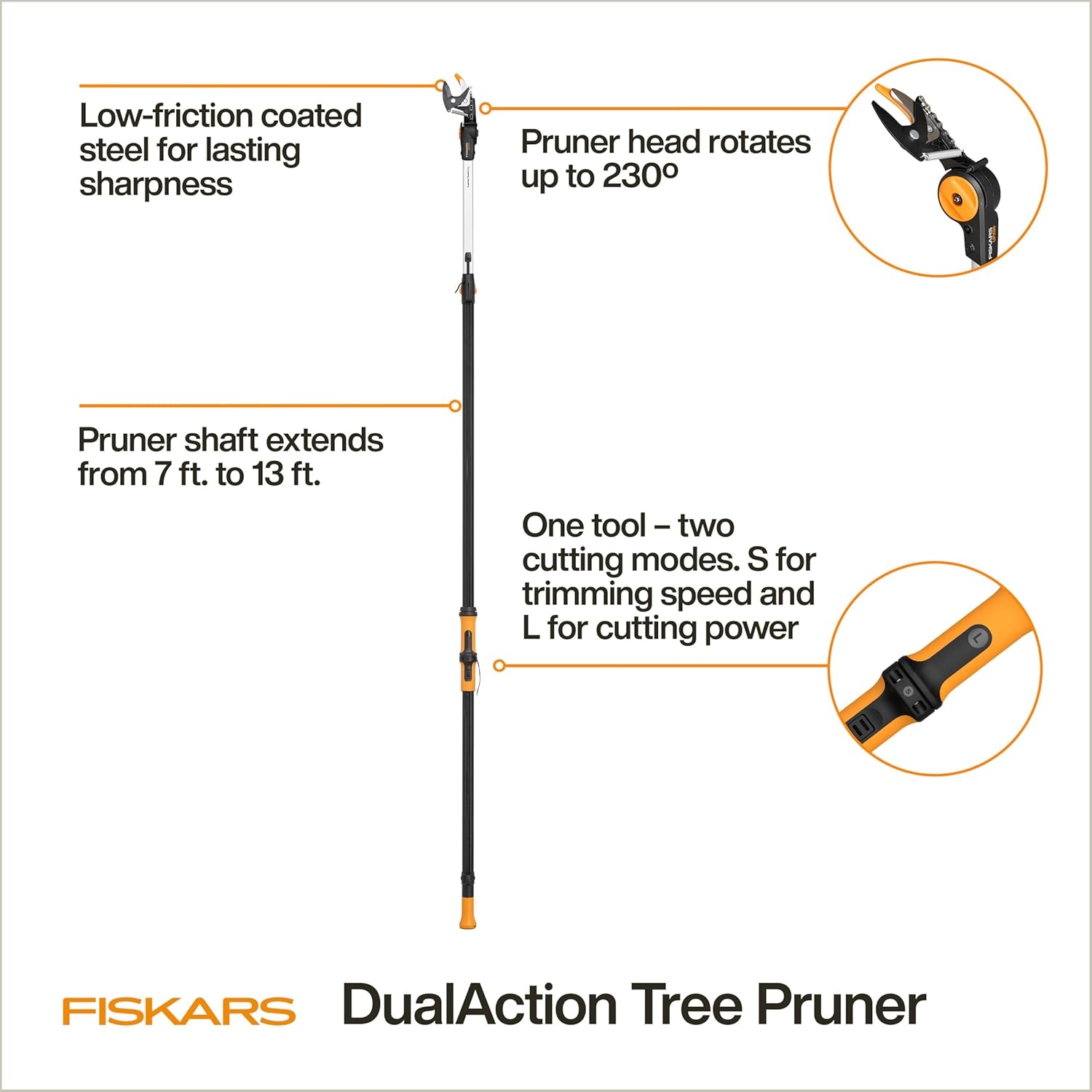 Fiskars 7ft-14ft Power-Lever Extendable Pole Saw and Tree Pruner, Lawn and Garden Tools, Black/Orange(8-13 ft DualAction)
