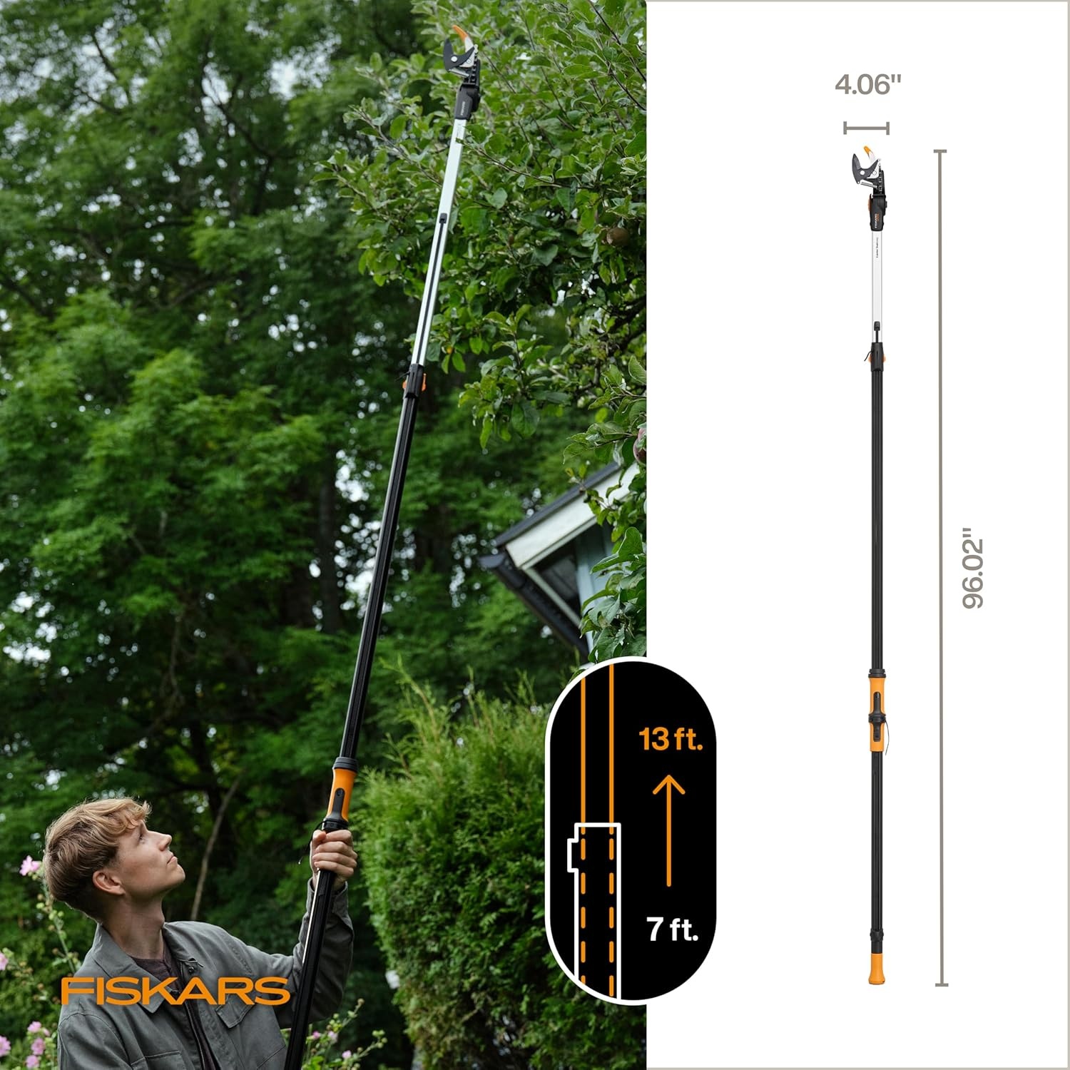 Fiskars 7ft-14ft Power-Lever Extendable Pole Saw and Tree Pruner, Lawn and Garden Tools, Black/Orange(8-13 ft DualAction)