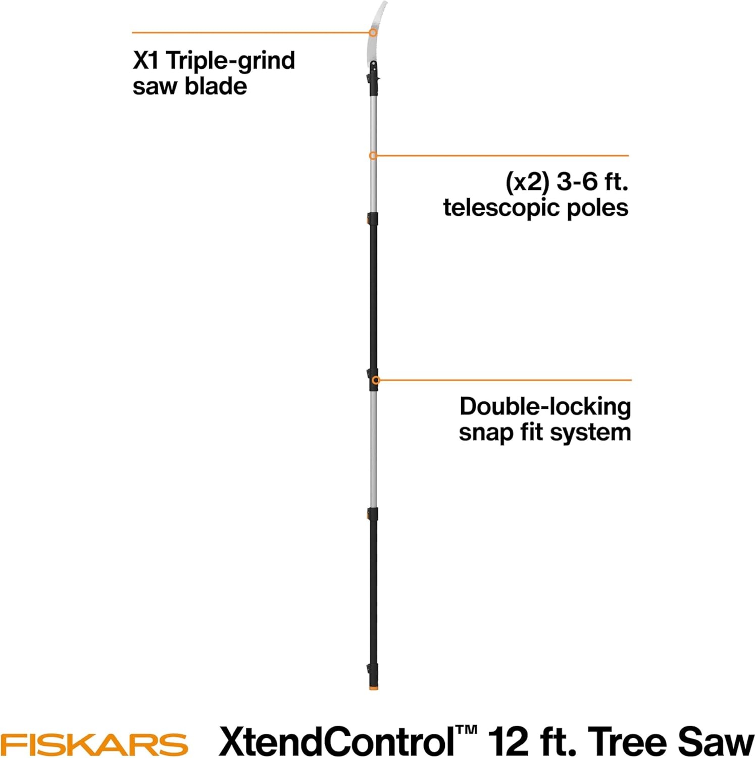Fiskars XtendControl 12′ Tree Pruner with 15″ X1 Triple-Grind Saw, Two 3-6 Ft Extension Poles for Overhead Branch Trimming, Lightweight Aluminum Pole Saw with Secure Double-Locking System, Orange(12′ X1 Saw)