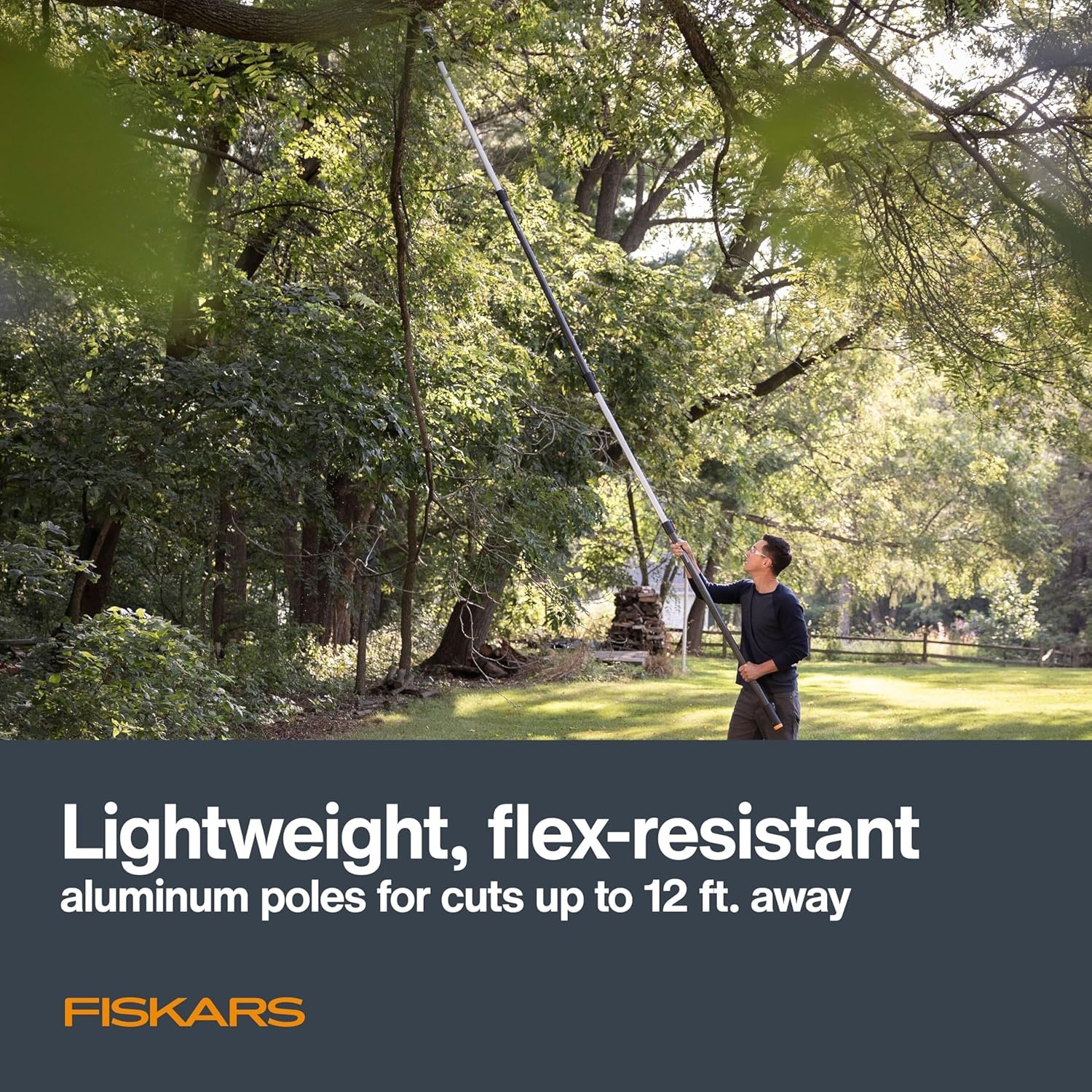 Fiskars XtendControl 12′ Tree Pruner with 15″ X1 Triple-Grind Saw, Two 3-6 Ft Extension Poles for Overhead Branch Trimming, Lightweight Aluminum Pole Saw with Secure Double-Locking System, Orange(12′ X1 Saw)
