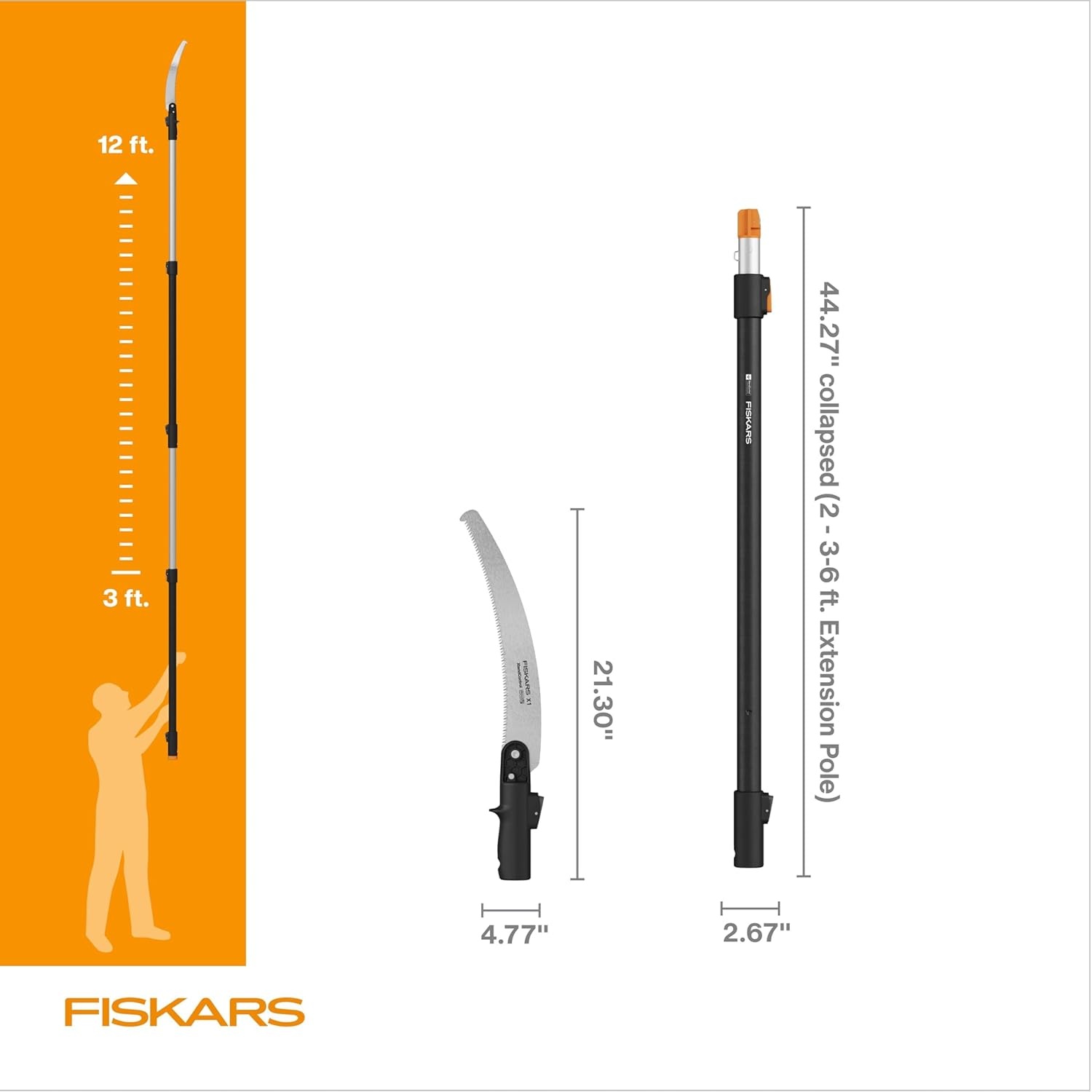 Fiskars XtendControl 12′ Tree Pruner with 15″ X1 Triple-Grind Saw, Two 3-6 Ft Extension Poles for Overhead Branch Trimming, Lightweight Aluminum Pole Saw with Secure Double-Locking System, Orange(12′ X1 Saw)