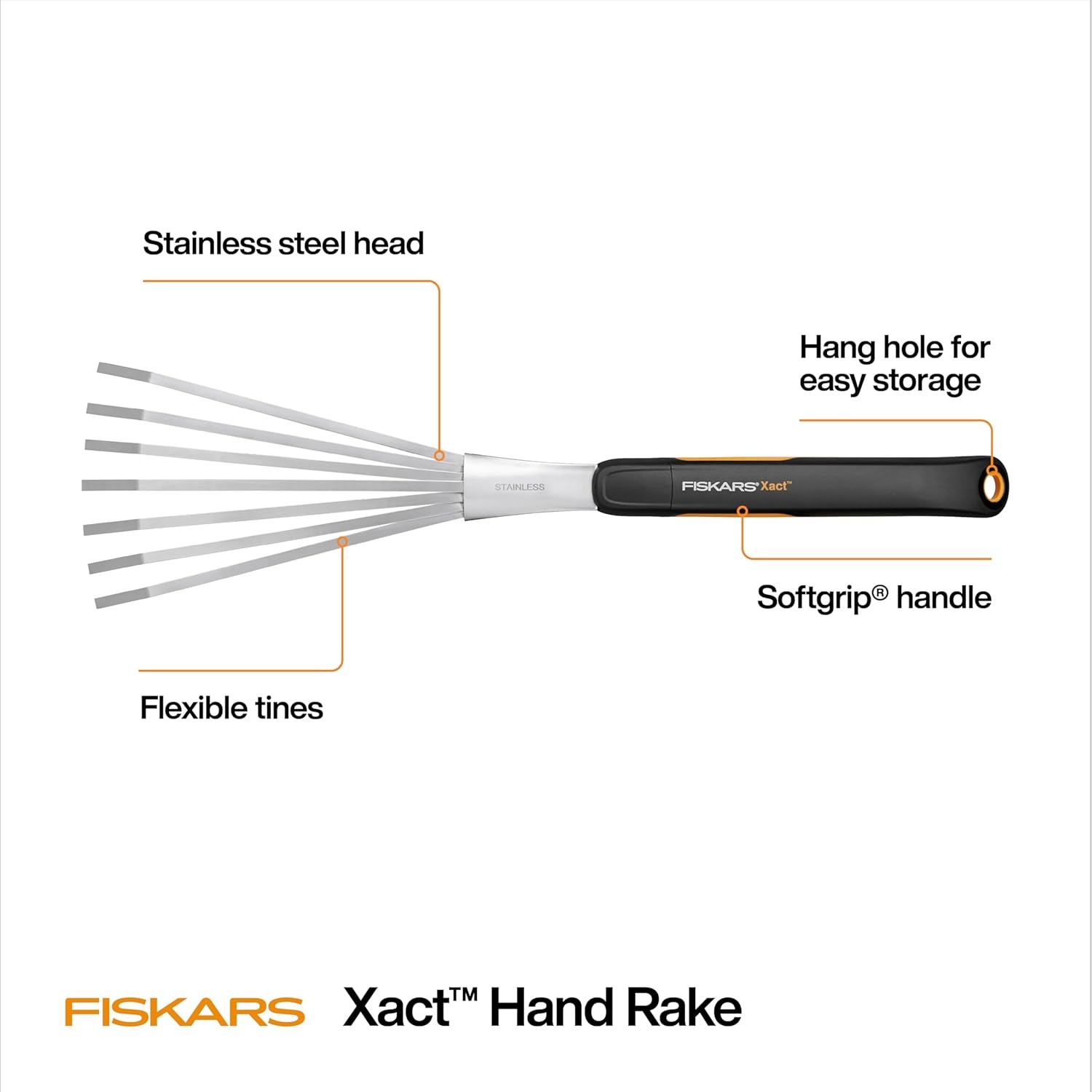 Fiskars Xact Hand Rake, Heavy Duty Gardening Hand Tool with Ergonomic Handle and Hanging Hole for Storage, Stainless Steel Head and Tines, Perfect for Maintaining a Raised Garden Bed