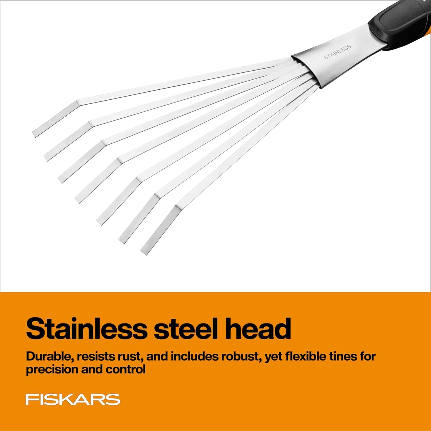 Fiskars Xact Hand Rake, Heavy Duty Gardening Hand Tool with Ergonomic Handle and Hanging Hole for Storage, Stainless Steel Head and Tines, Perfect for Maintaining a Raised Garden Bed