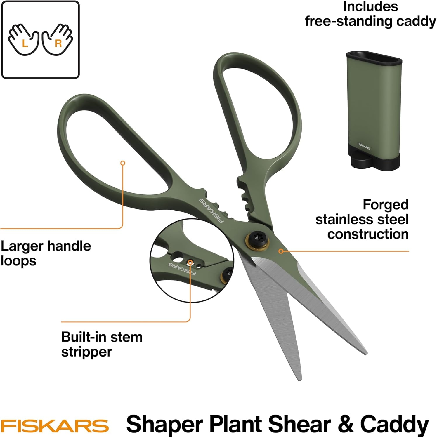 Fiskars Plant Shaping Shears & Holder, Precision Indoor Gardening Snips with Storage Caddy, Forged Stainless Steel Blades for Clean Cuts on Broad Leaves, Ambidextrous Handles & Stem Stripper, 6″(Shaper Plant Shears)