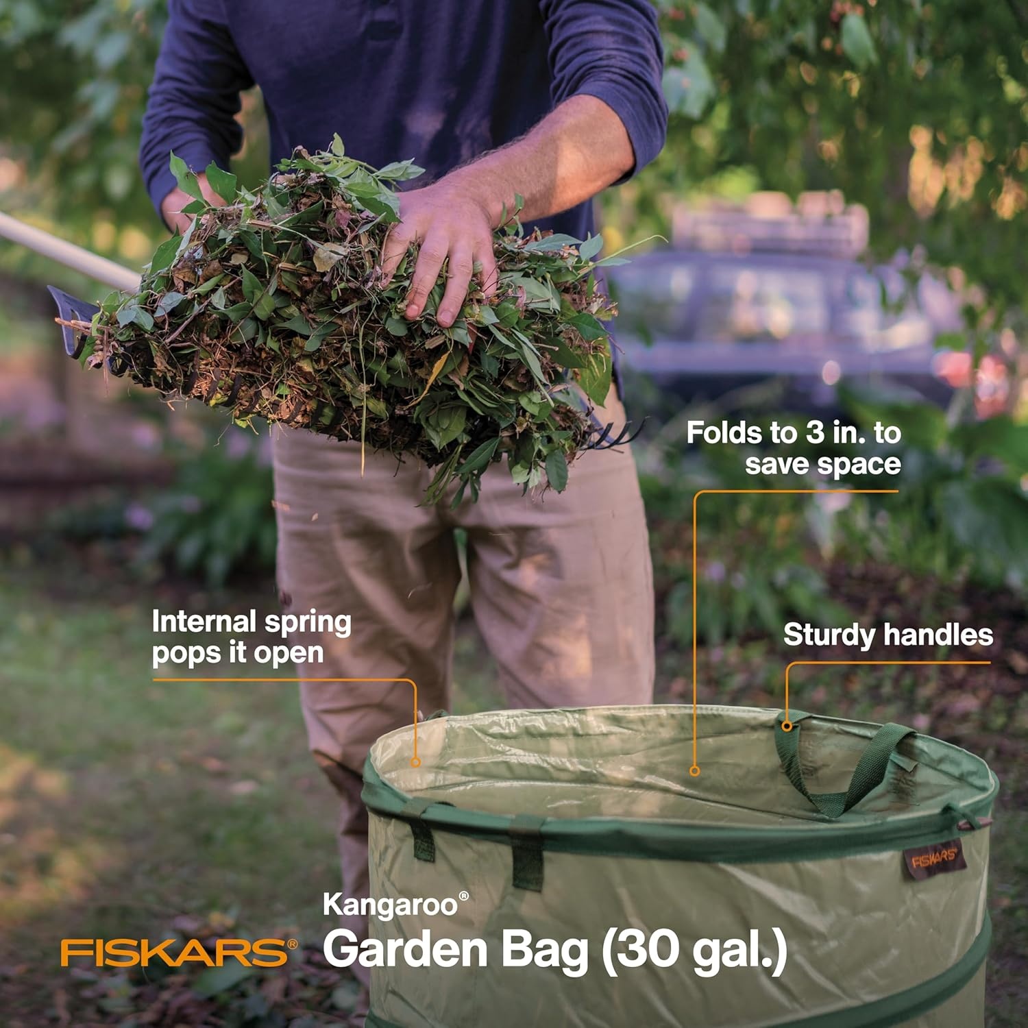 Fiskars Kangaroo Collapsible Spring Up Garden Bag for Yard Waste, Grass, Branches & Weeds, Tear & Mildew Resistant Vinyl-Coated Polyester, Folds Flat to 3 Inches for Space-Saving Storage, 30 Gallon(1 Count (Pack of 1))