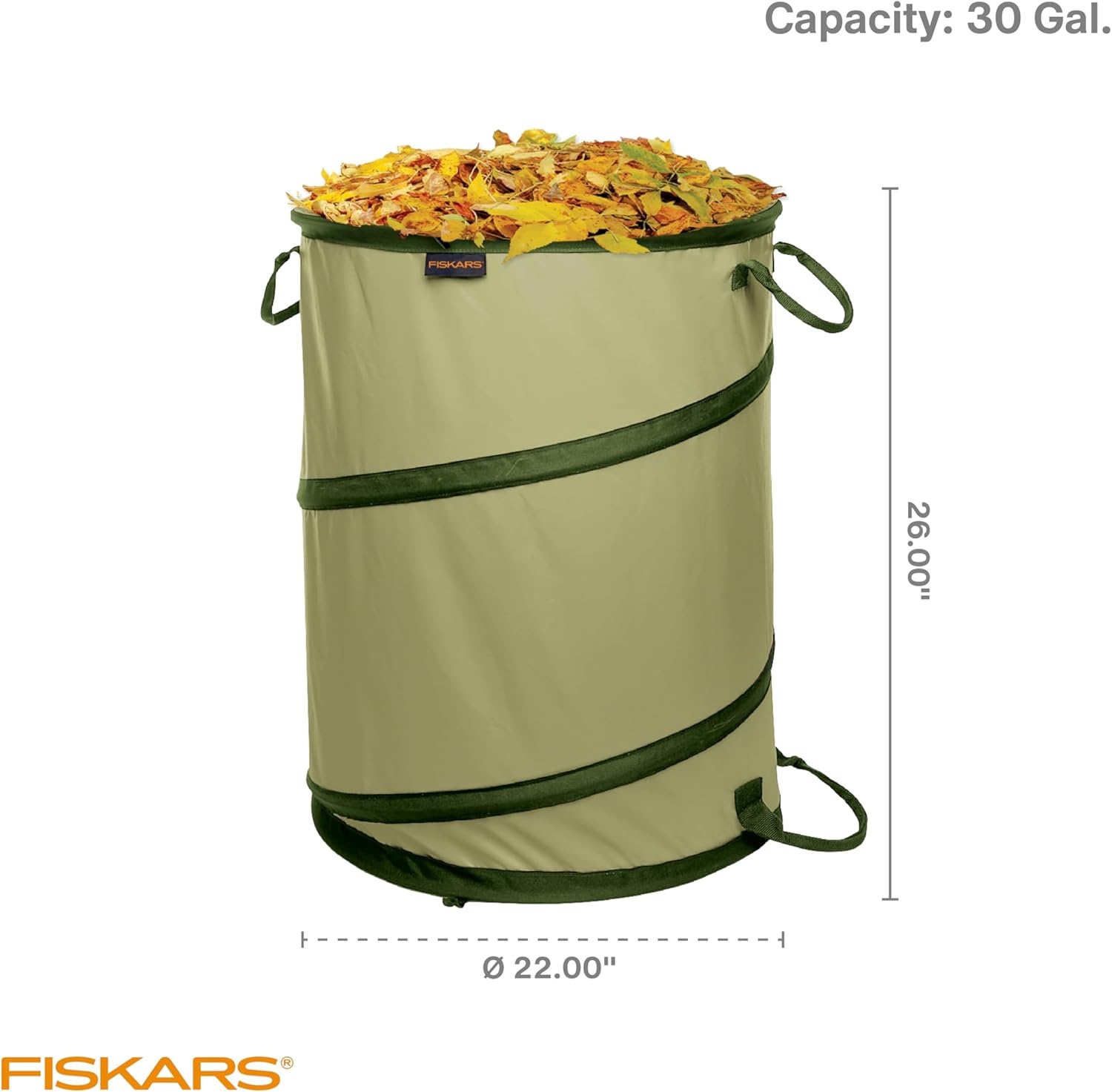 Fiskars Kangaroo Collapsible Spring Up Garden Bag for Yard Waste, Grass, Branches & Weeds, Tear & Mildew Resistant Vinyl-Coated Polyester, Folds Flat to 3 Inches for Space-Saving Storage, 30 Gallon(1 Count (Pack of 1))
