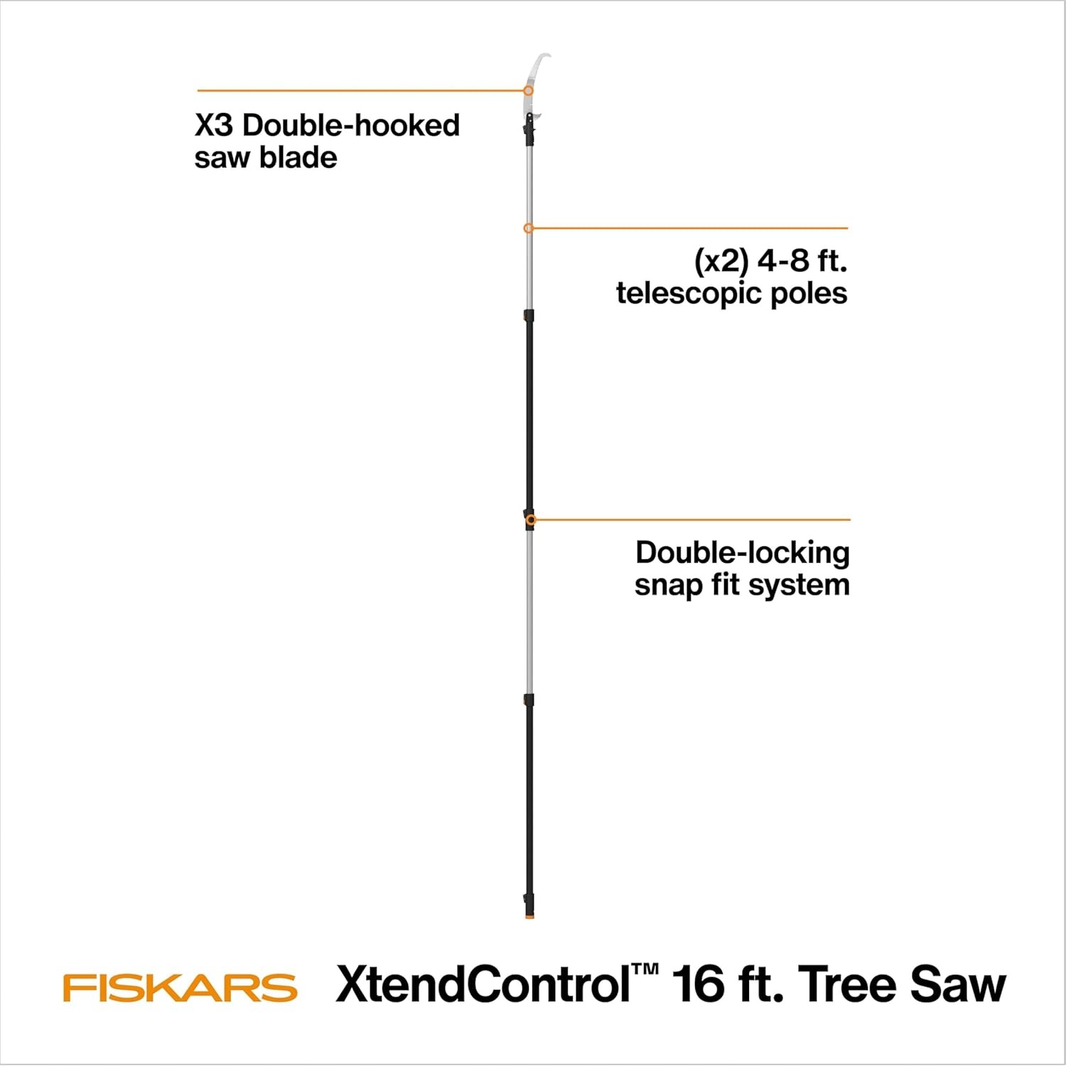 Fiskars XtendControl 12′ Tree Pruner with 15″ X1 Triple-Grind Saw, Two 3-6 Ft Extension Poles for Overhead Branch Trimming, Lightweight Aluminum Pole Saw with Secure Double-Locking System, Orange(16′ X3 Double-Hooked Saw)