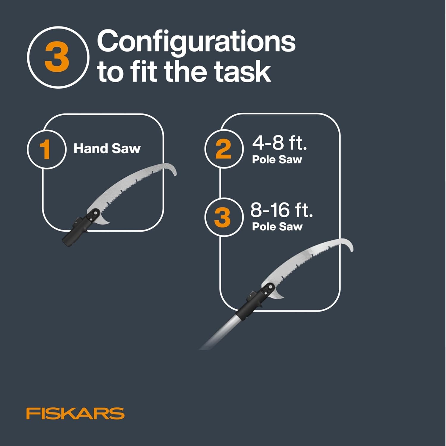 Fiskars XtendControl 12′ Tree Pruner with 15″ X1 Triple-Grind Saw, Two 3-6 Ft Extension Poles for Overhead Branch Trimming, Lightweight Aluminum Pole Saw with Secure Double-Locking System, Orange(16′ X3 Double-Hooked Saw)