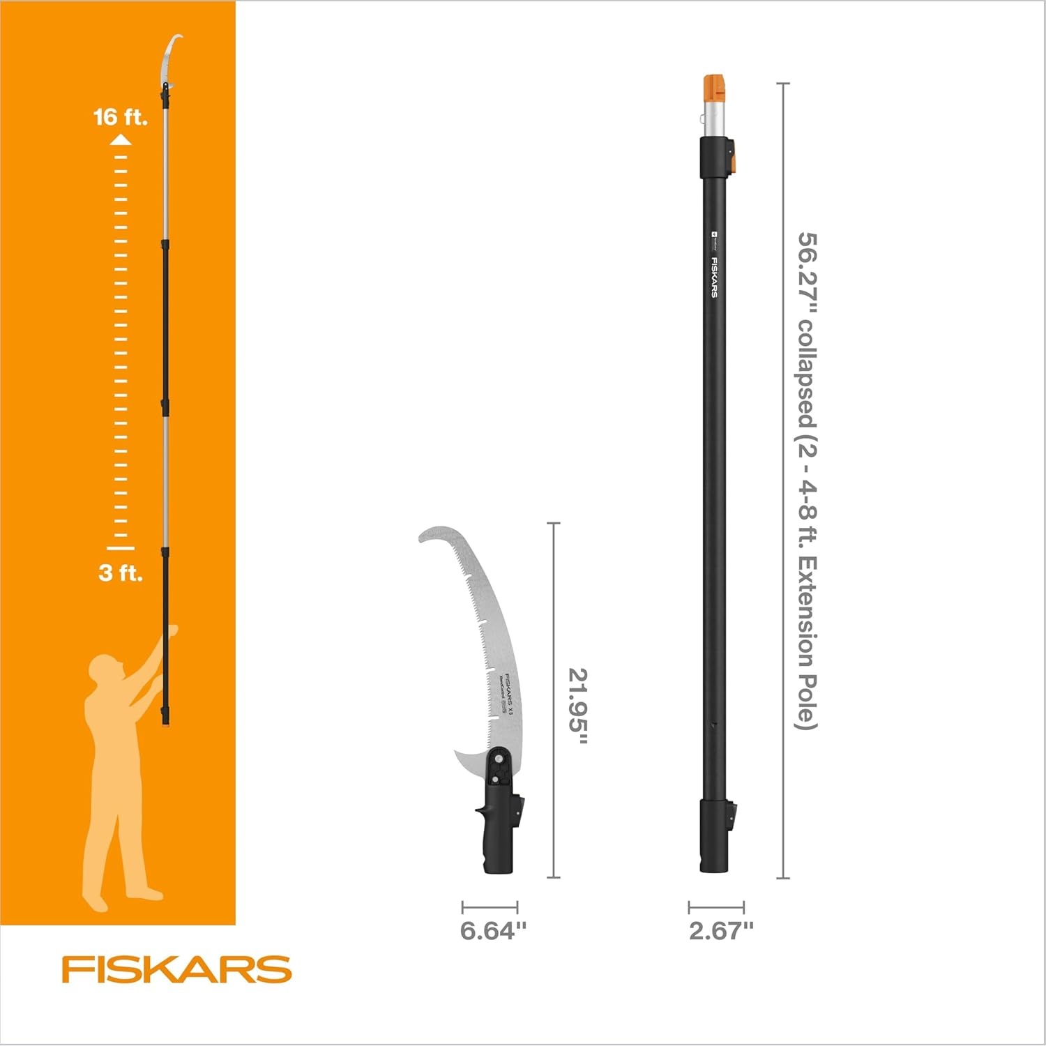 Fiskars XtendControl 12′ Tree Pruner with 15″ X1 Triple-Grind Saw, Two 3-6 Ft Extension Poles for Overhead Branch Trimming, Lightweight Aluminum Pole Saw with Secure Double-Locking System, Orange(16′ X3 Double-Hooked Saw)
