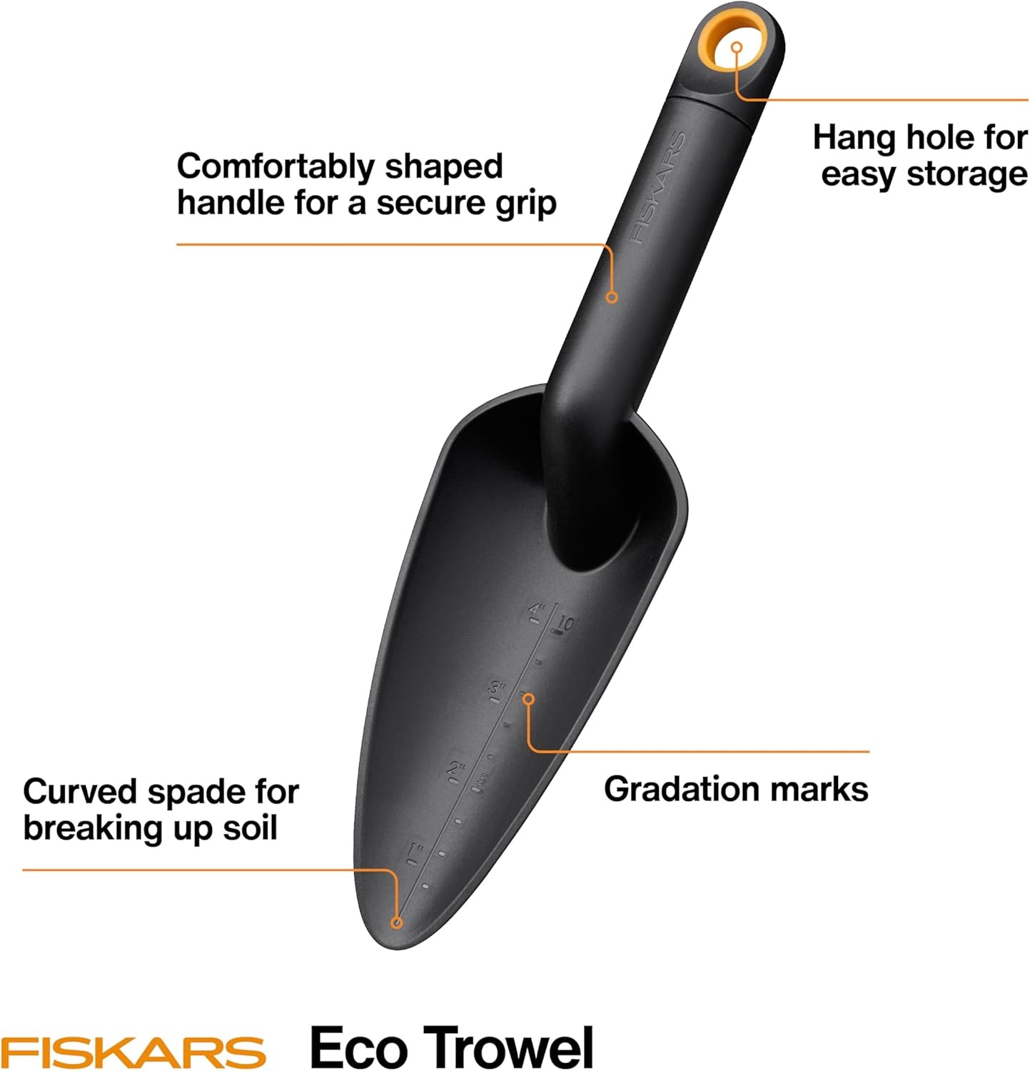 Fiskars Eco Cultivator Hoe with Dual-Function Design, Tapered Blade, Cultivator Tines, Ergonomic Handle, and UV-Resistant Build for Soil Care(Eco Trowel)