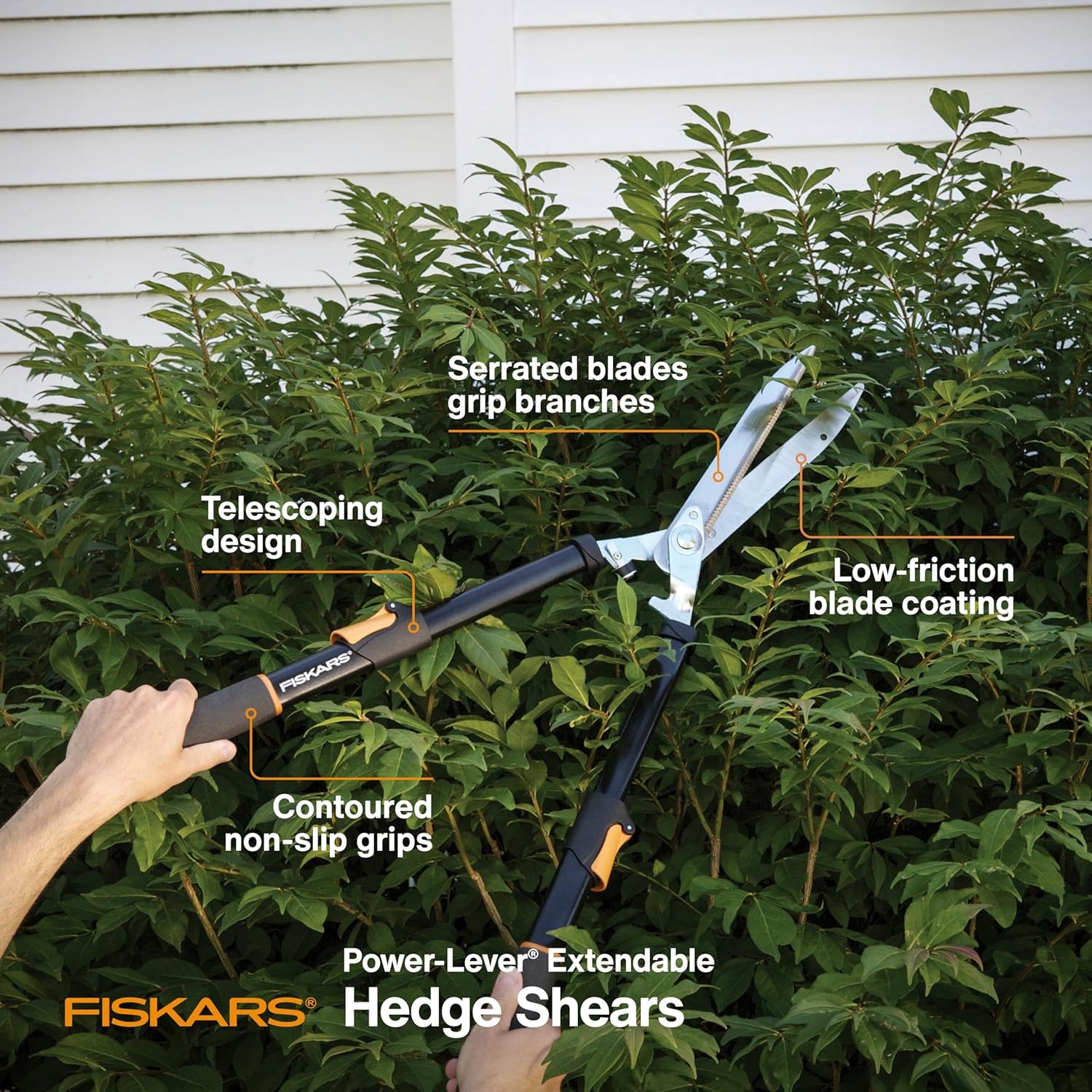 Fiskars DualAction Hedge Shears, 2-in-1 Fast Trimming & PowerCut Hedge Trimmer, Precision-Ground Steel Blades for Clean Cuts, Shock-Absorbing Bumpers & SoftGrip Handles for Comfort(25-33″ Power-Lever)