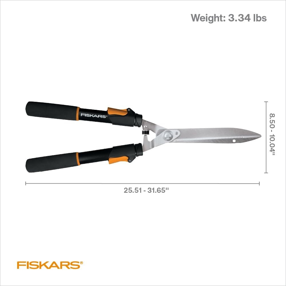 Fiskars DualAction Hedge Shears, 2-in-1 Fast Trimming & PowerCut Hedge Trimmer, Precision-Ground Steel Blades for Clean Cuts, Shock-Absorbing Bumpers & SoftGrip Handles for Comfort(25-33″ Power-Lever)