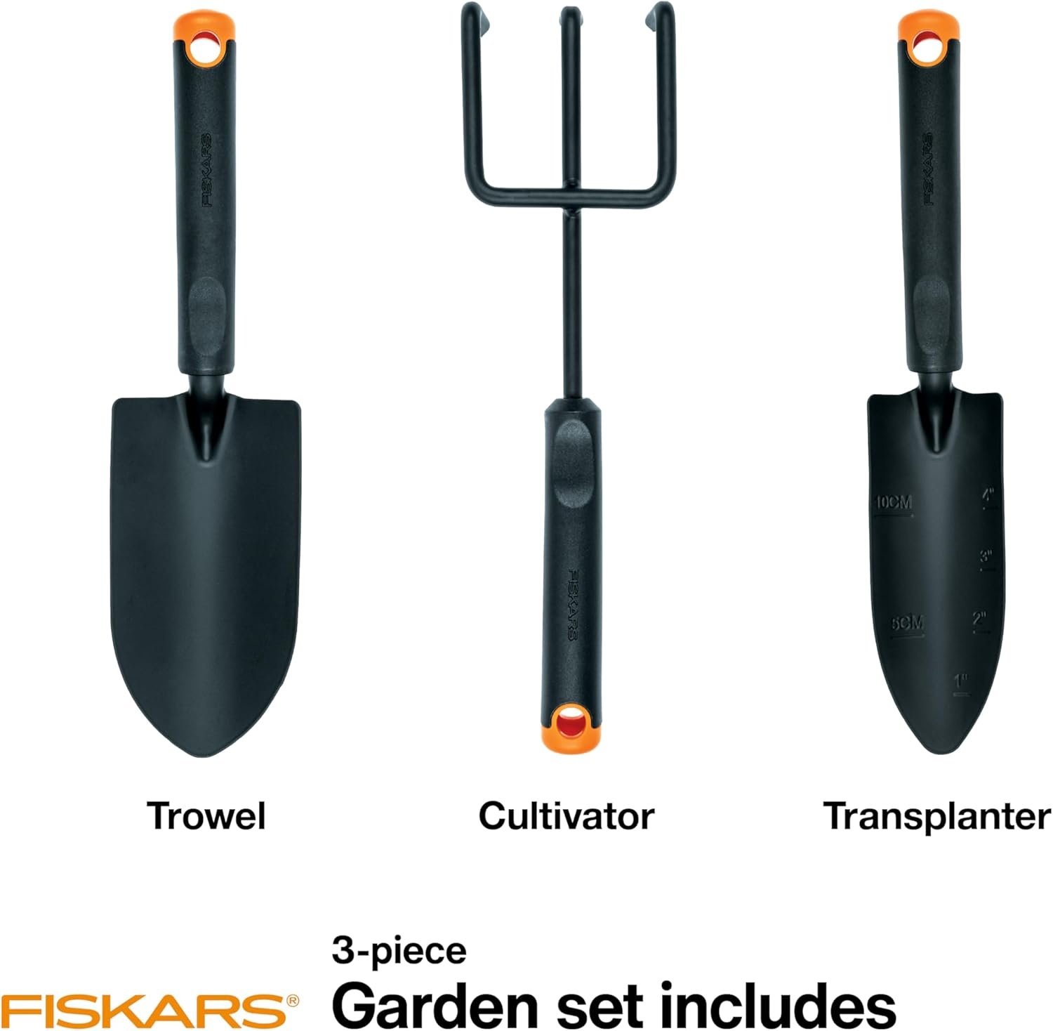 Fiskars 3-Piece Garden Tool Set – Trowel, Transplanter, Cultivator, Rust-Resistant Steel Heads, Ergonomic Handles for Planting, Digging, and Aerating Soil