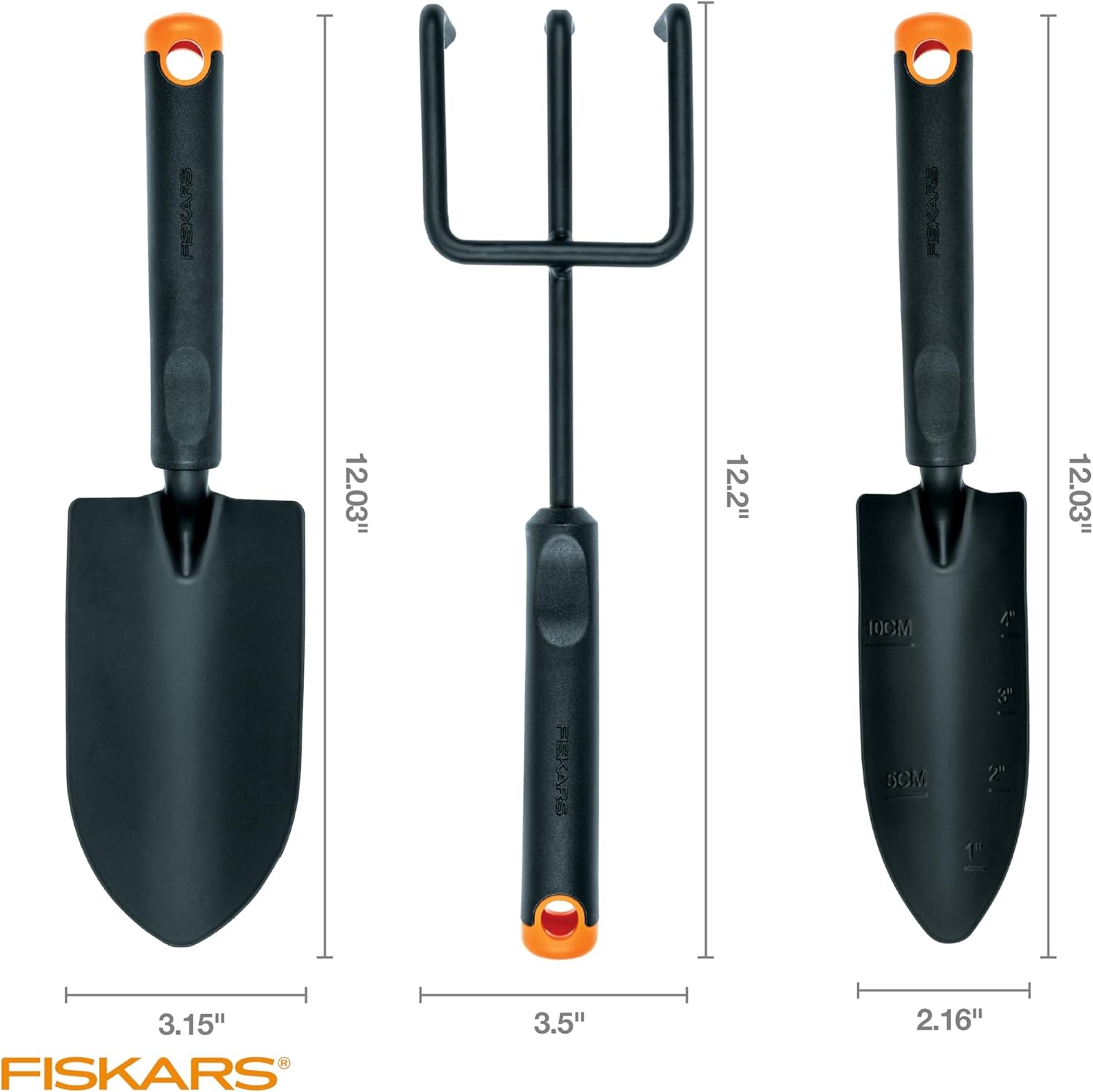 Fiskars 3-Piece Garden Tool Set – Trowel, Transplanter, Cultivator, Rust-Resistant Steel Heads, Ergonomic Handles for Planting, Digging, and Aerating Soil