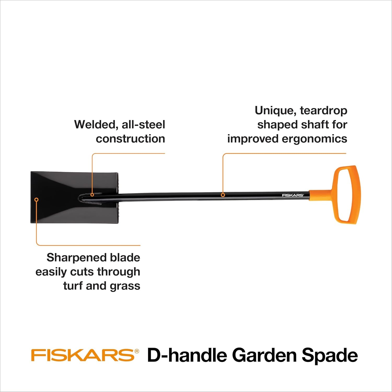 Fiskars 46″ Spade Garden Shovel, Steel Flat Spade with Ergonomic D-Handle, Sharp Blade Square Shovel for Lawn Edging, Digging, Heavy Duty Yard Tool, Easy Cuts in Grass and Turf