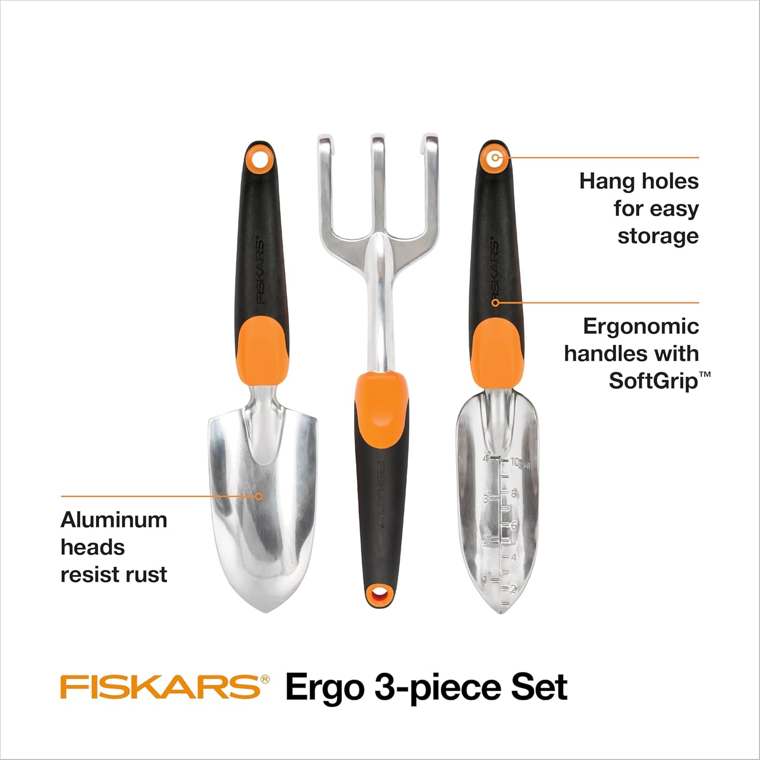 Fiskars 3-in-1 Garden Tool Set, Polished Cast-Aluminum Heads for Rust Resistance, Heavy-Duty Trowel, Transplanter & Cultivator for Digging and Planting, Non-Slip SoftGrip Handles Reduce Fatigue(Garden Tool Set – New)