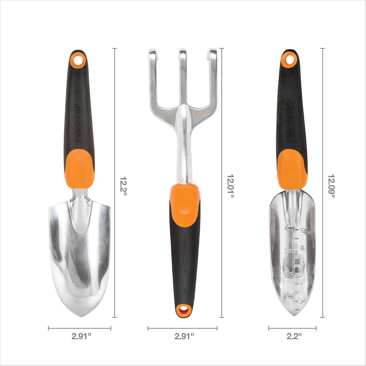 Fiskars 3-in-1 Garden Tool Set, Polished Cast-Aluminum Heads for Rust Resistance, Heavy-Duty Trowel, Transplanter & Cultivator for Digging and Planting, Non-Slip SoftGrip Handles Reduce Fatigue(Garden Tool Set – New)