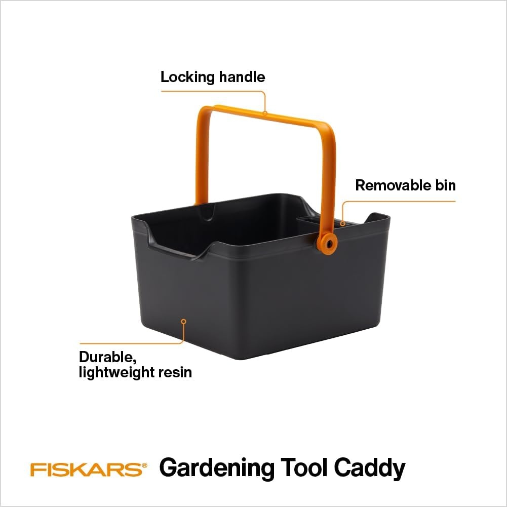 Fiskars Planting Soil Scoop & Brush Set, Dual-Sided Tool for Indoor Digging & Cleanup, Narrow Rigid End & Flexible Dustpan for Potting, Soft Bristles Sweep Debris, Recycled Plastic(Tool Caddy)