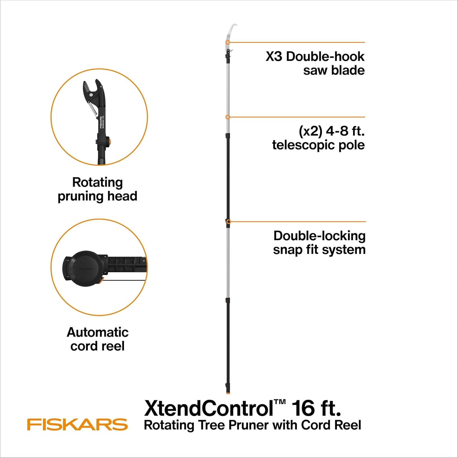Fiskars XtendControl 12′ Tree Pruner with 15″ X1 Triple-Grind Saw, Two 3-6 Ft Extension Poles for Overhead Branch Trimming, Lightweight Aluminum Pole Saw with Secure Double-Locking System, Orange(16′ Pruner Saw Kit)