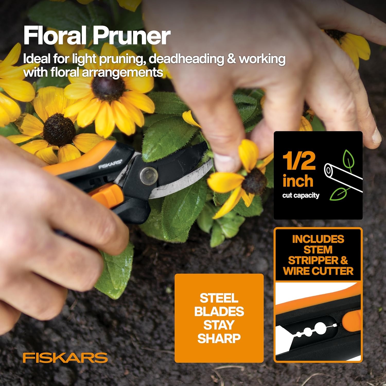 Fiskars 6″ Pruning Scissors for Flowers, Buds, Weeds and Small Plants, Garden Snips with Resin Resistant Nonstick Stainless Steel Blades, Gardening Trimmers with Comfortable Handle(Floral Tool Gift Set)