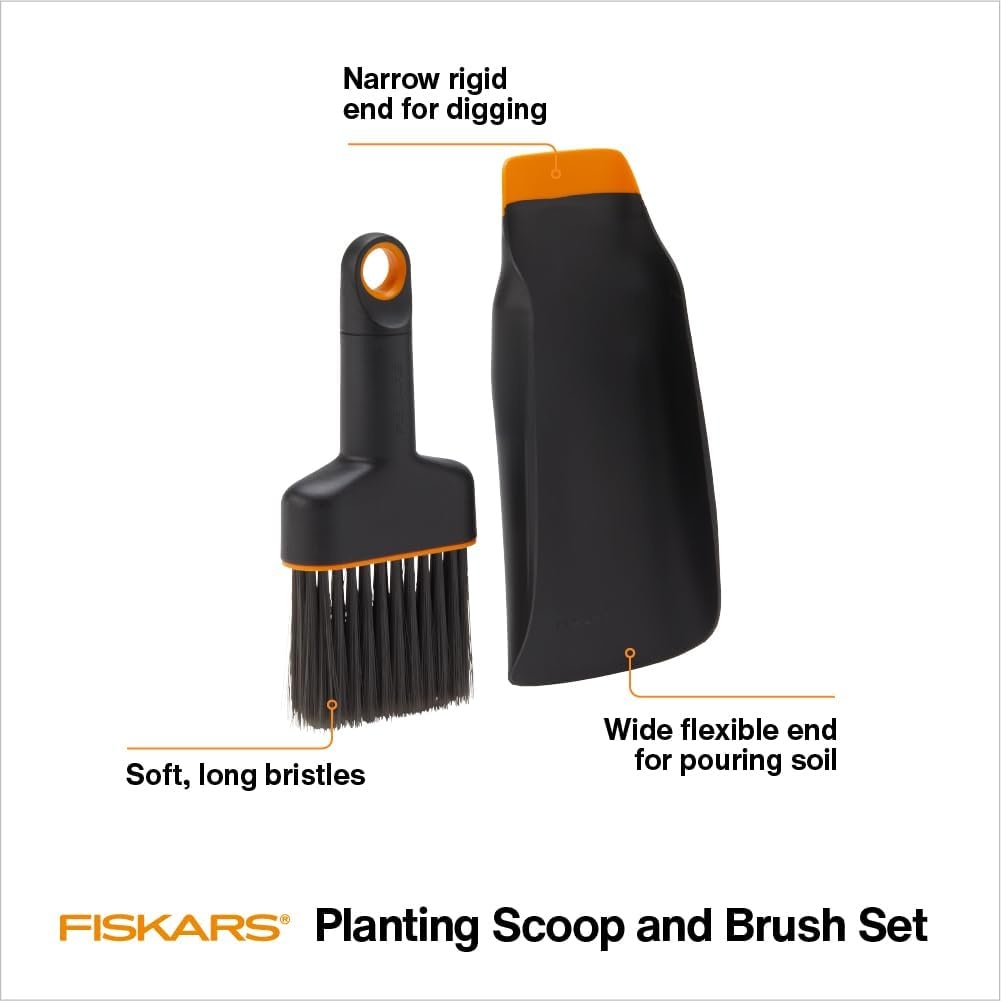Fiskars Planting Soil Scoop & Brush Set, Dual-Sided Tool for Indoor Digging & Cleanup, Narrow Rigid End & Flexible Dustpan for Potting, Soft Bristles Sweep Debris, Recycled Plastic(Soil Scoop & Brush Set)