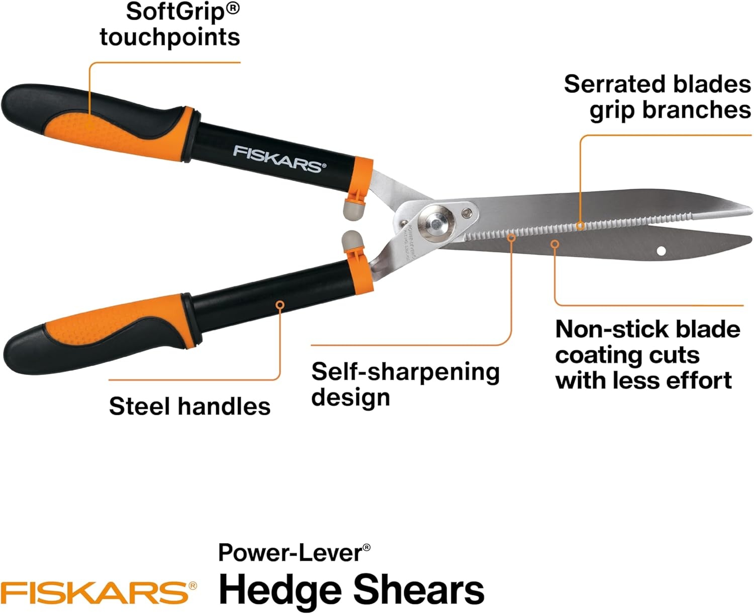 Fiskars DualAction Hedge Shears, 2-in-1 Fast Trimming & PowerCut Hedge Trimmer, Precision-Ground Steel Blades for Clean Cuts, Shock-Absorbing Bumpers & SoftGrip Handles for Comfort(23″ Power-Lever)