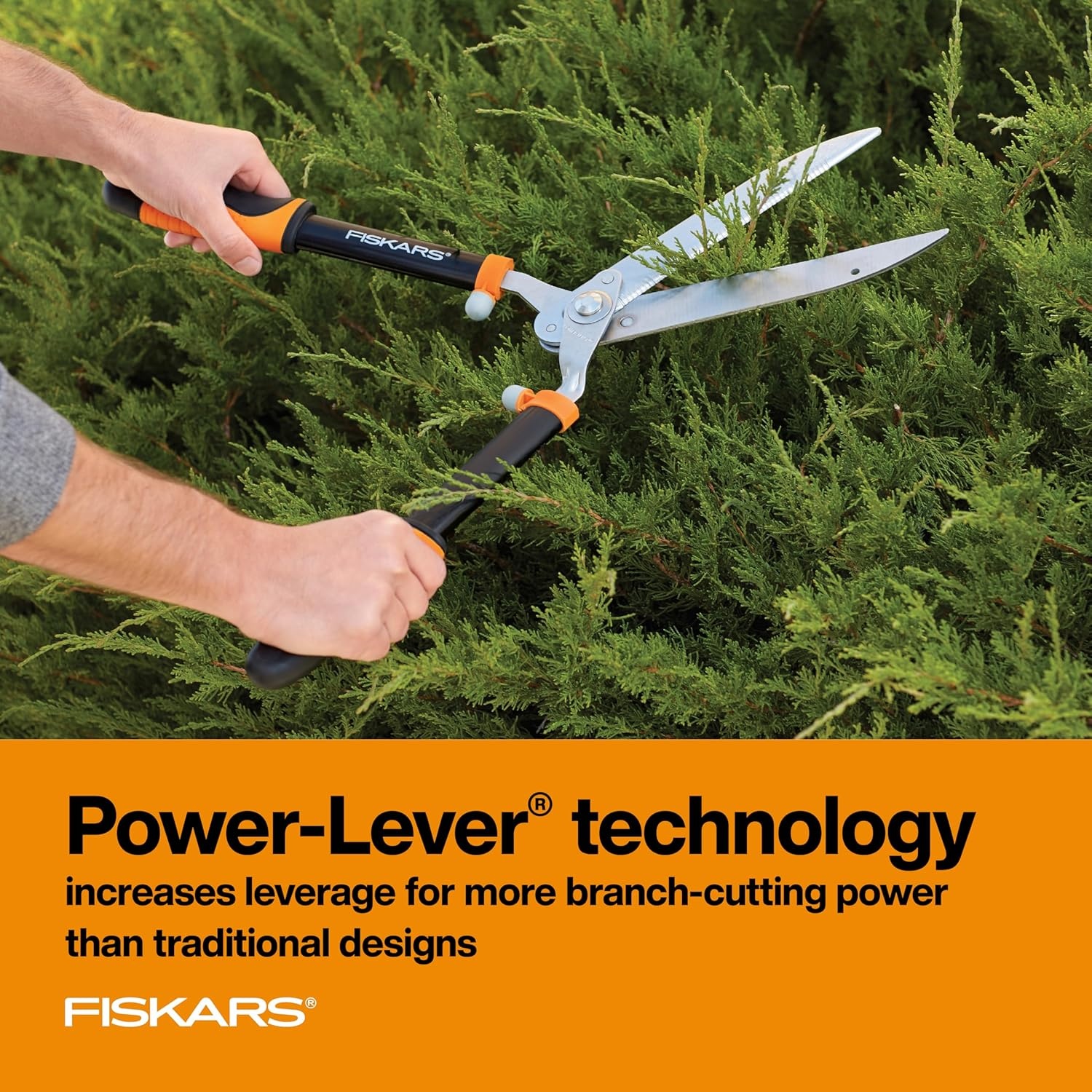 Fiskars DualAction Hedge Shears, 2-in-1 Fast Trimming & PowerCut Hedge Trimmer, Precision-Ground Steel Blades for Clean Cuts, Shock-Absorbing Bumpers & SoftGrip Handles for Comfort(23″ Power-Lever)