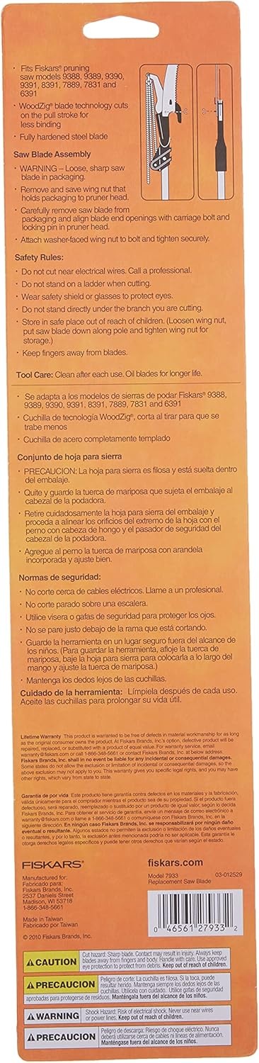 Fiskars 15-Inch Replacement Saw Blade for Pruning, High-Speed Steel WoodZig Blade for Lightweight Extendable Tree Pruner, Fits Fiskars pruner models 6391, 9388, 9390, 7889, 7831, and 8391