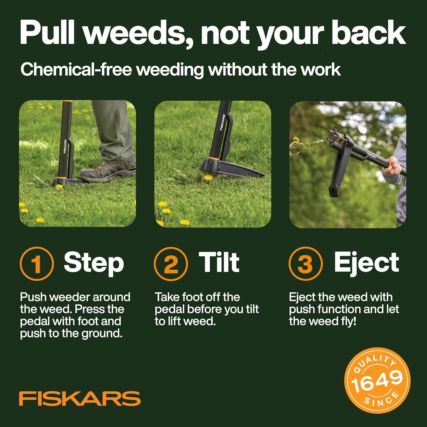 Fiskars Stand-Up Weed Puller Tool, 4 Serrated Stainless Steel Claws Grip Roots for Permanent Removal, Reinforced Foot Platform Penetrates Tough Soil, Easy-Eject & Ergonomic Offset Handle, 39″(4-claw)