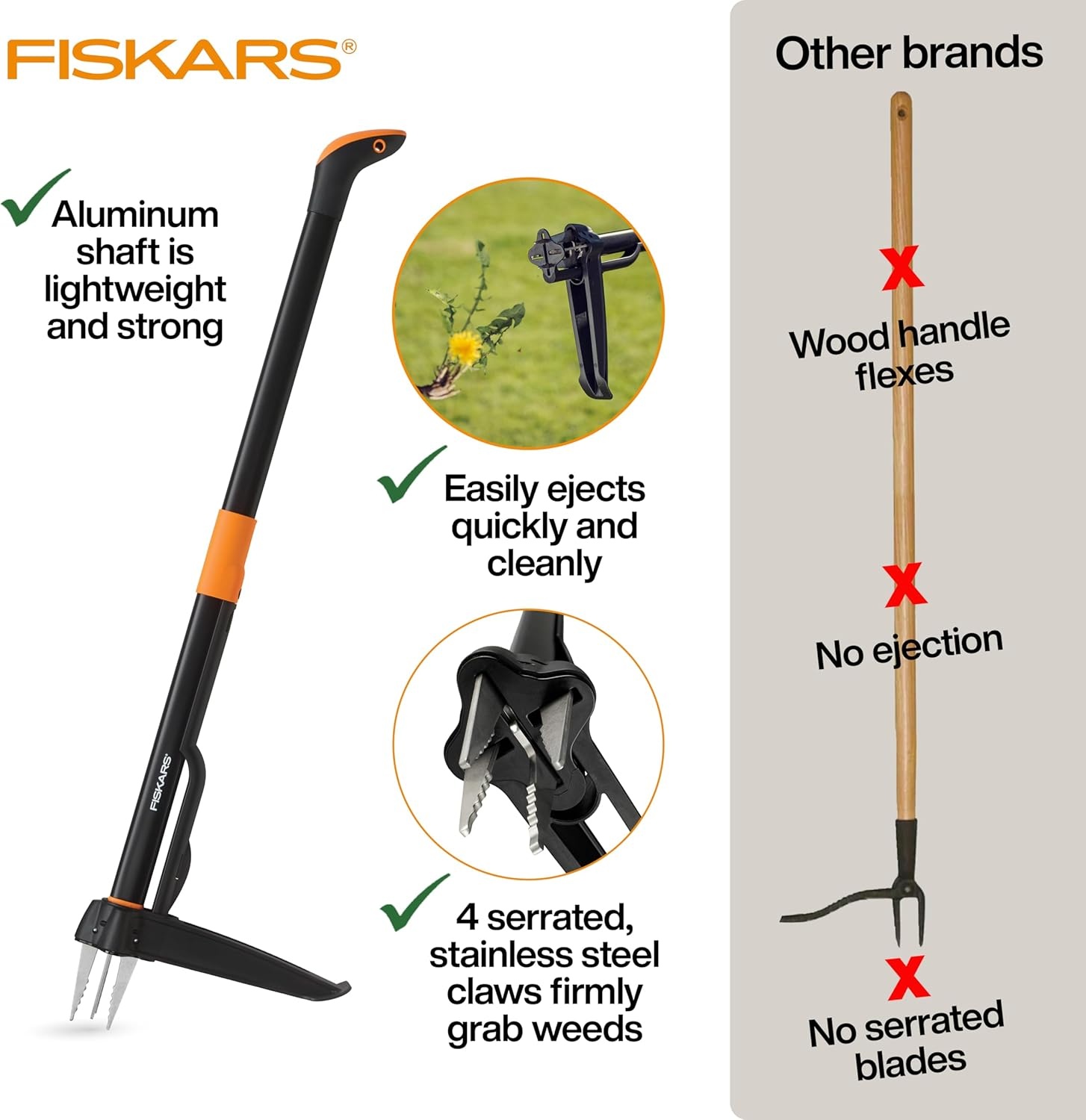 Fiskars Stand-Up Weed Puller Tool, 4 Serrated Stainless Steel Claws Grip Roots for Permanent Removal, Reinforced Foot Platform Penetrates Tough Soil, Easy-Eject & Ergonomic Offset Handle, 39″(4-claw)