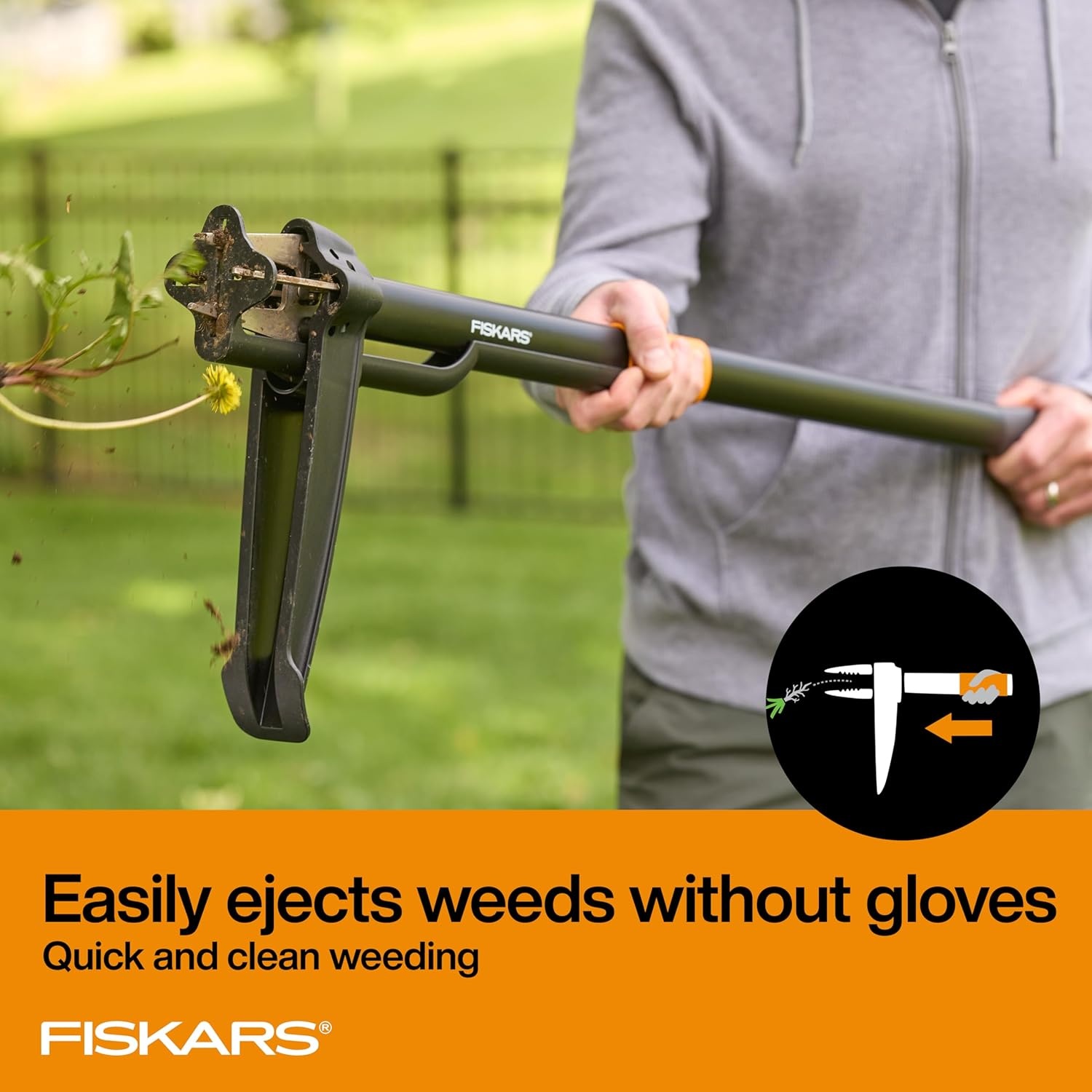 Fiskars Stand-Up Weed Puller Tool, 4 Serrated Stainless Steel Claws Grip Roots for Permanent Removal, Reinforced Foot Platform Penetrates Tough Soil, Easy-Eject & Ergonomic Offset Handle, 39″(4-claw)