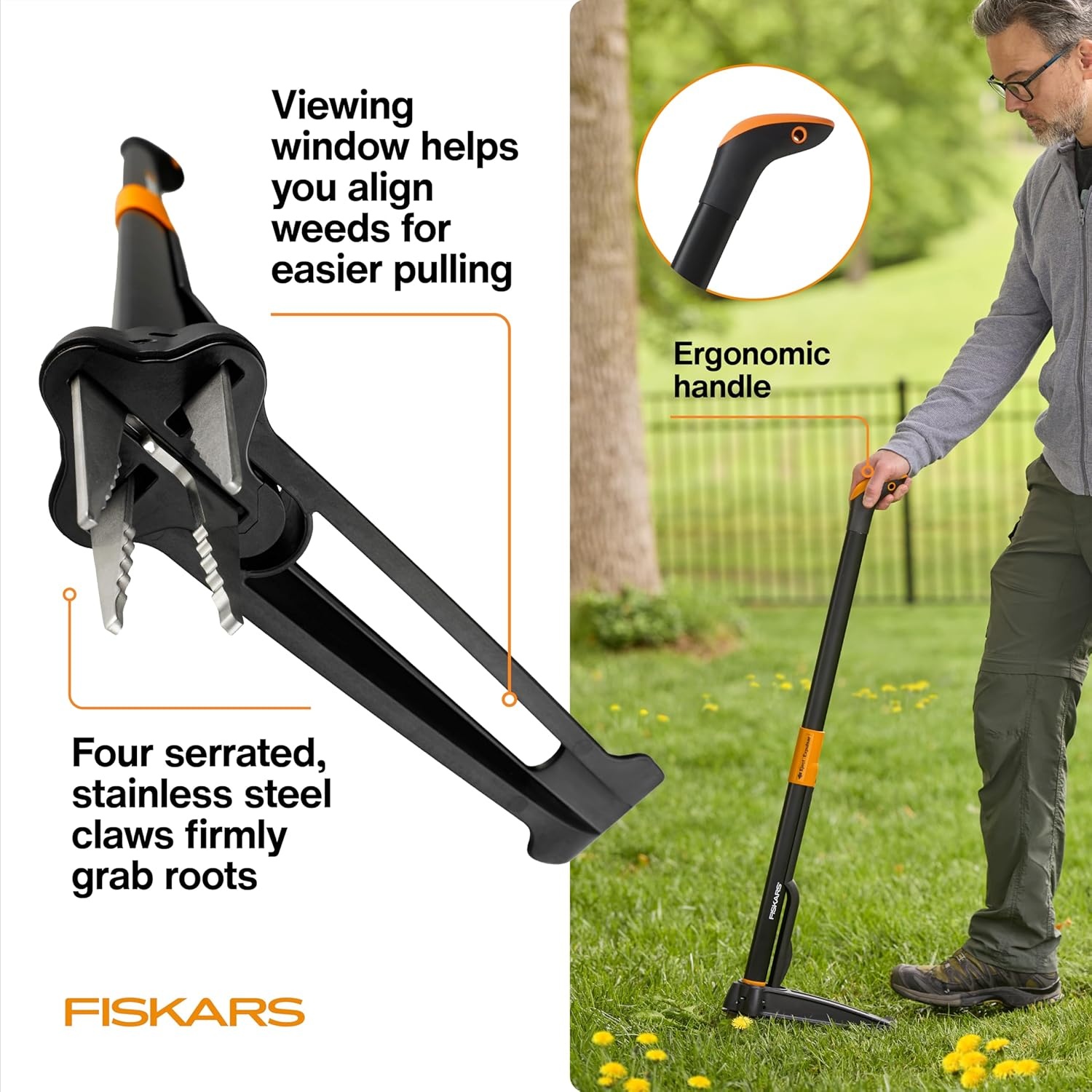 Fiskars Stand-Up Weed Puller Tool, 4 Serrated Stainless Steel Claws Grip Roots for Permanent Removal, Reinforced Foot Platform Penetrates Tough Soil, Easy-Eject & Ergonomic Offset Handle, 39″(4-claw)