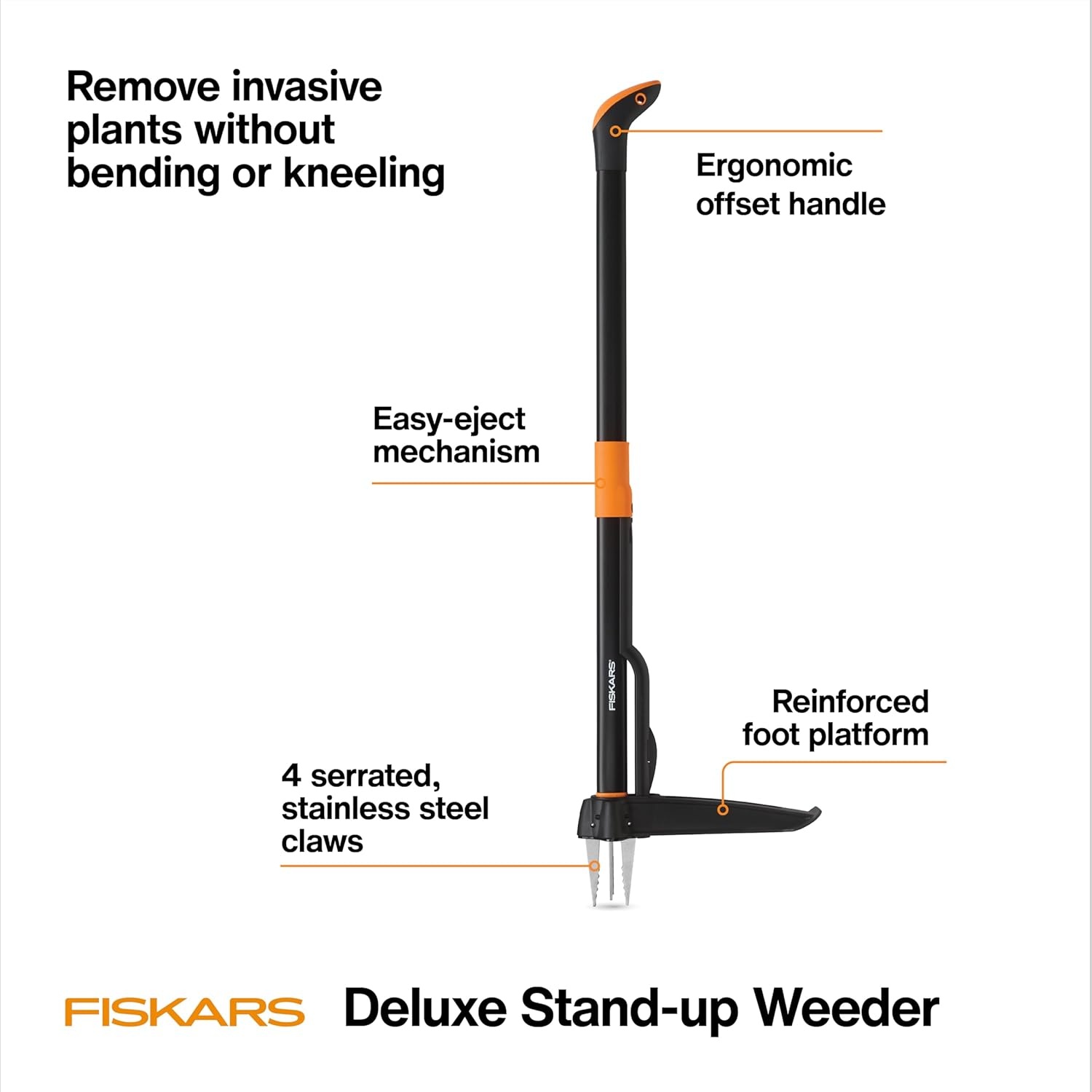 Fiskars Stand-Up Weed Puller Tool, 4 Serrated Stainless Steel Claws Grip Roots for Permanent Removal, Reinforced Foot Platform Penetrates Tough Soil, Easy-Eject & Ergonomic Offset Handle, 39″(4-claw)