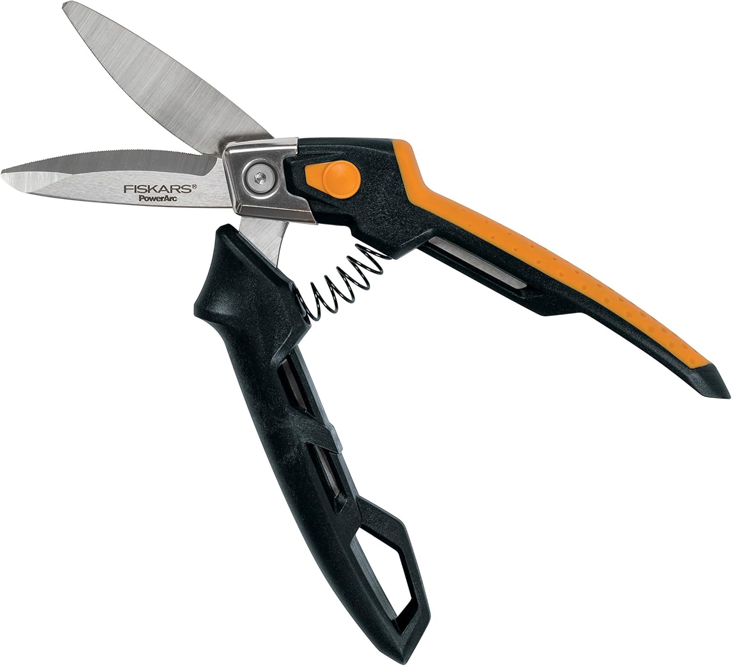Fiskars PowerArc Easy Action Shears, Heavy Duty Scissors, Curved Stainless Steel Blades & SoftGrip Ergonomic Handle, 10, Orange/Gray(Utility Snips 8 in.)